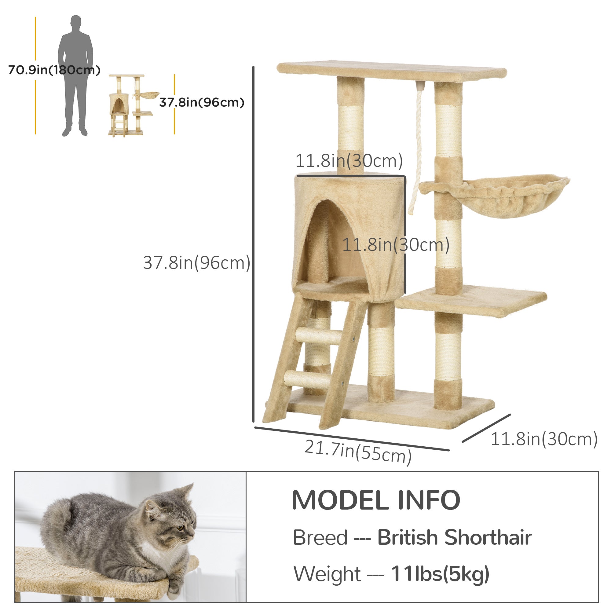 PawHut 37.8" Cat Tree for Indoor Cats, Cat Tower with Large Cat Condo and Sisal Scratching Post for Kittens, Brown