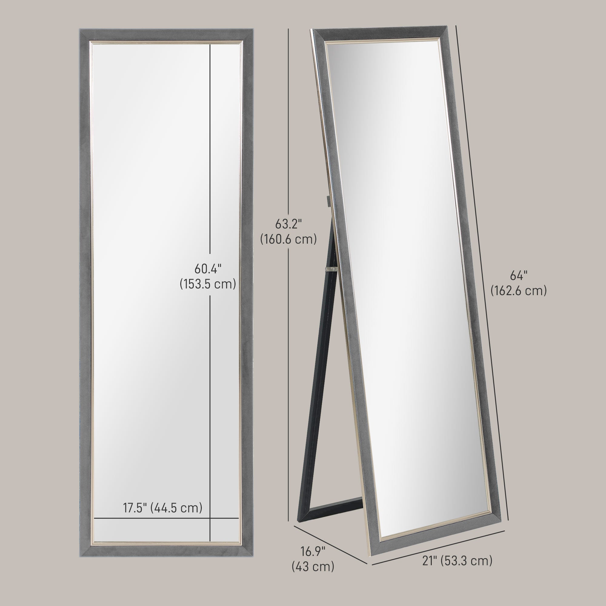 HOMCOM Full Length Mirror, 64" x 21" Full Body Mirror with Gold Frame, Free Standing, Leaning or Wall Mirror for Living Room, Bedroom, Grey