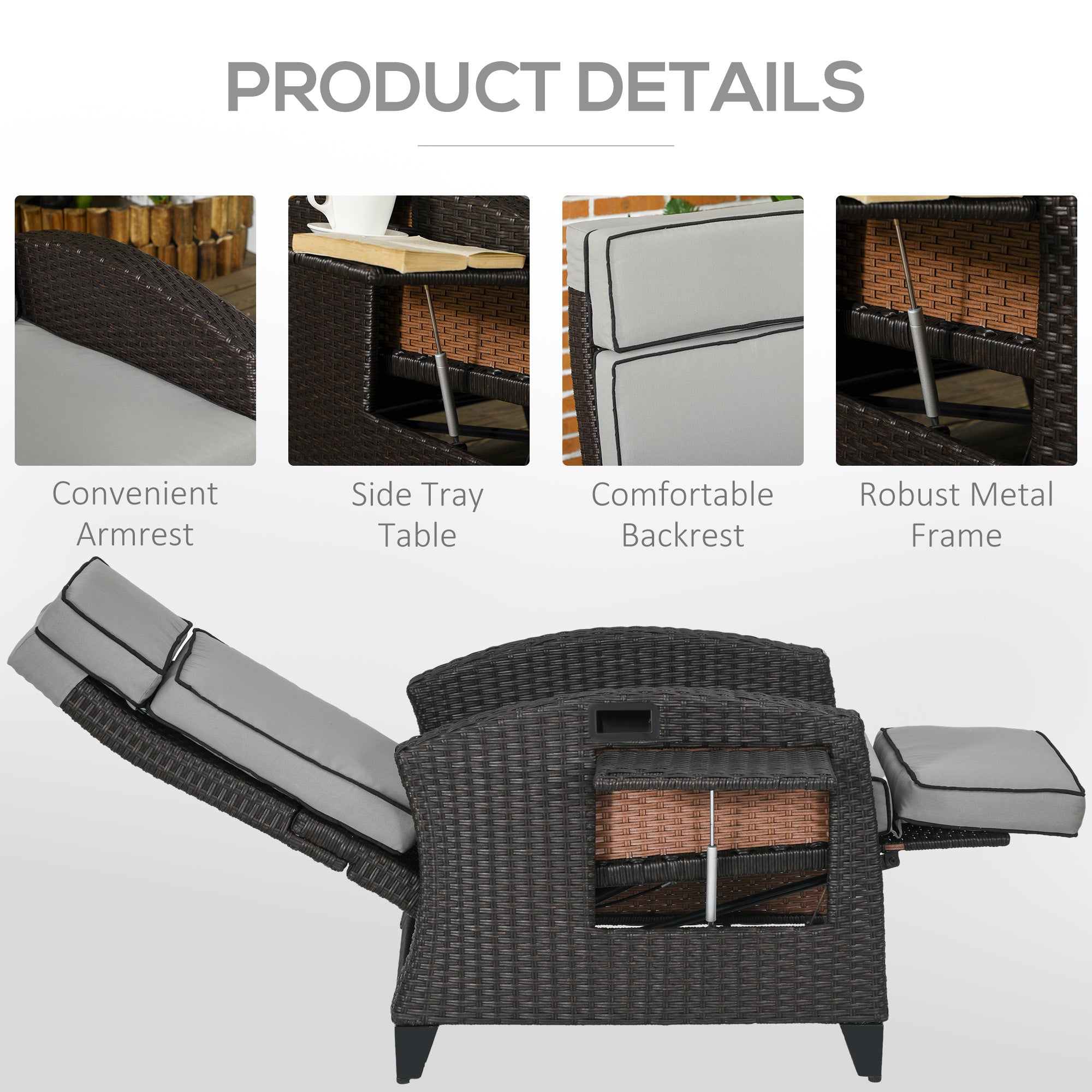 Outsunny Outdoor Recliner Chair with Cushion, PE Wicker Reclining Patio Lounge Chair with Adjustable Footrest, Armrests, Side Tray, for Balcony, Porch, Light Grey
