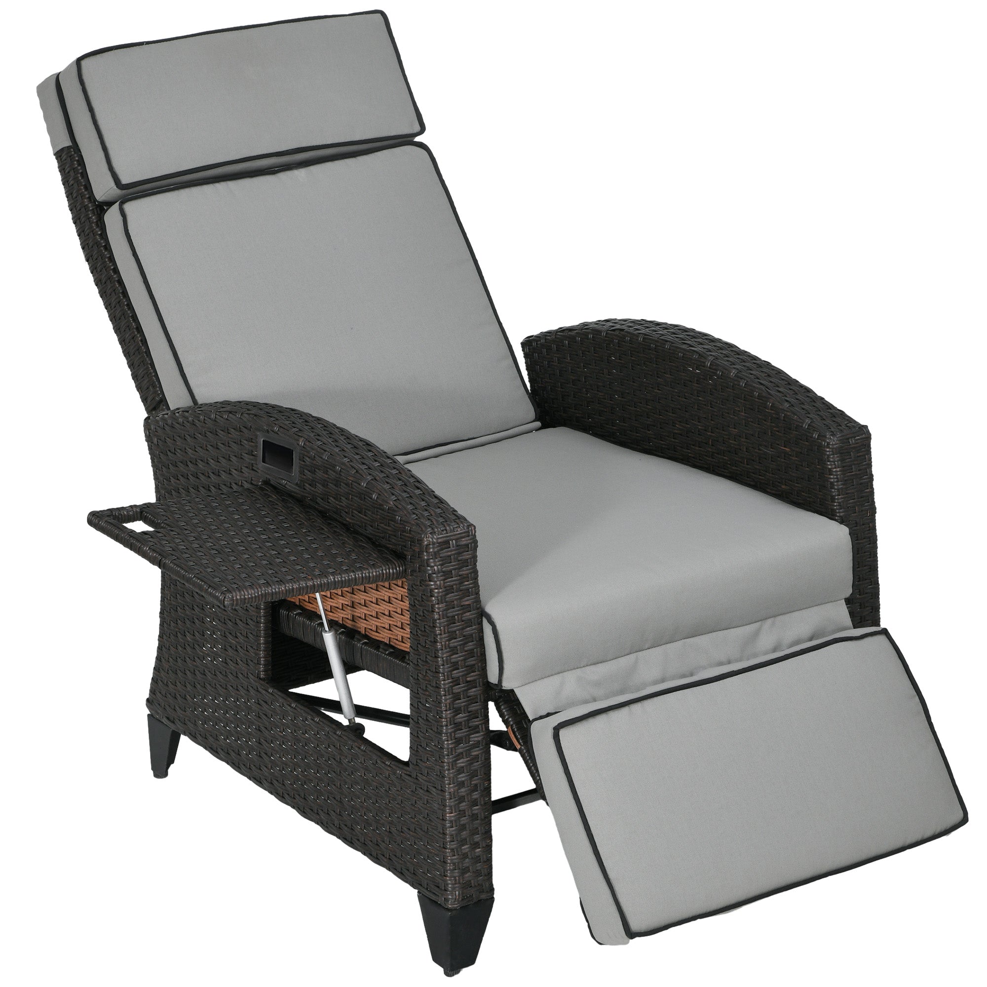 Outsunny Outdoor Recliner Chair with Cushion, PE Wicker Reclining Patio Lounge Chair with Adjustable Footrest, Armrests, Side Tray, for Balcony, Porch, Light Grey