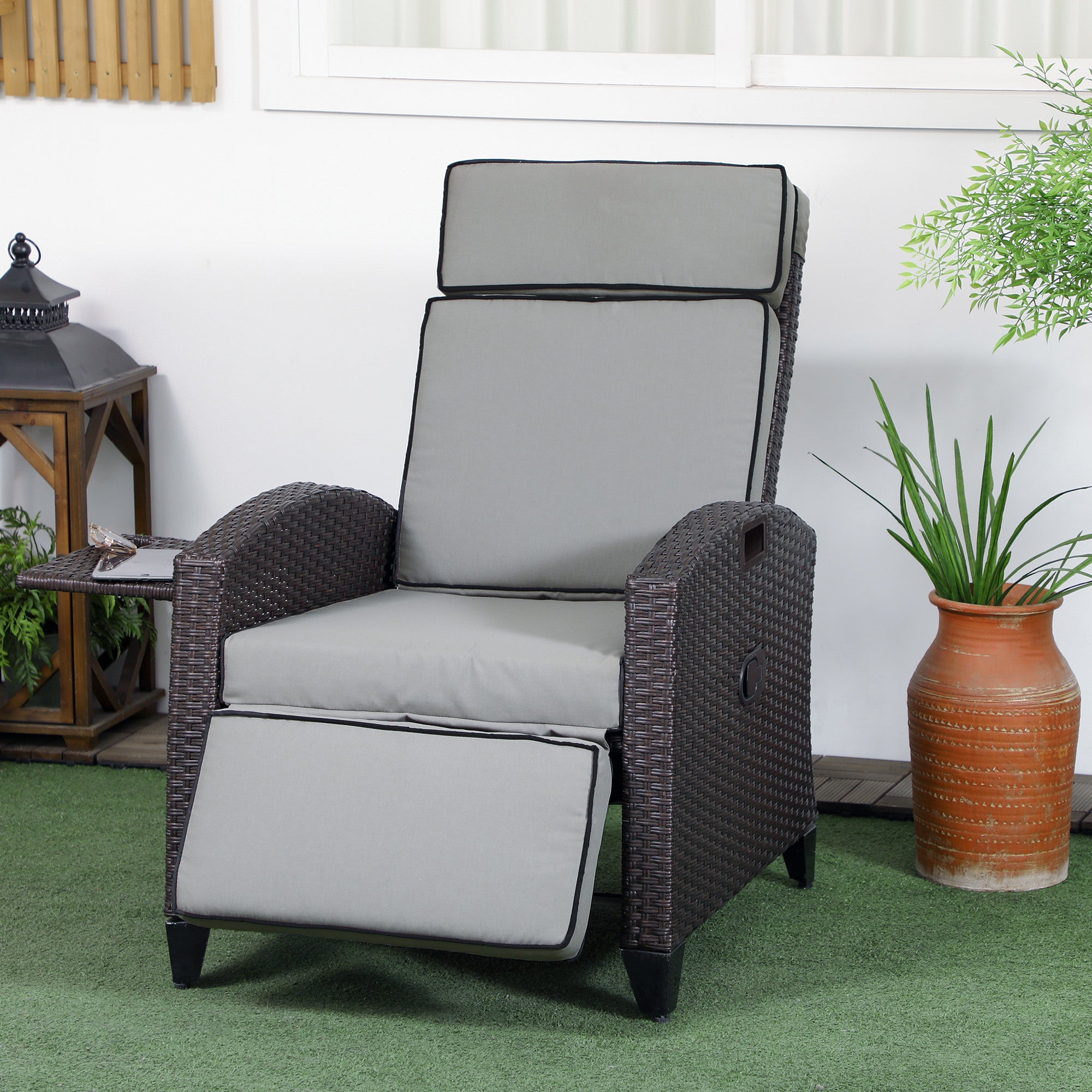 Outsunny Outdoor Recliner Chair with Cushion, PE Wicker Reclining Patio Lounge Chair with Adjustable Footrest, Armrests, Side Tray, for Balcony, Porch, Light Grey