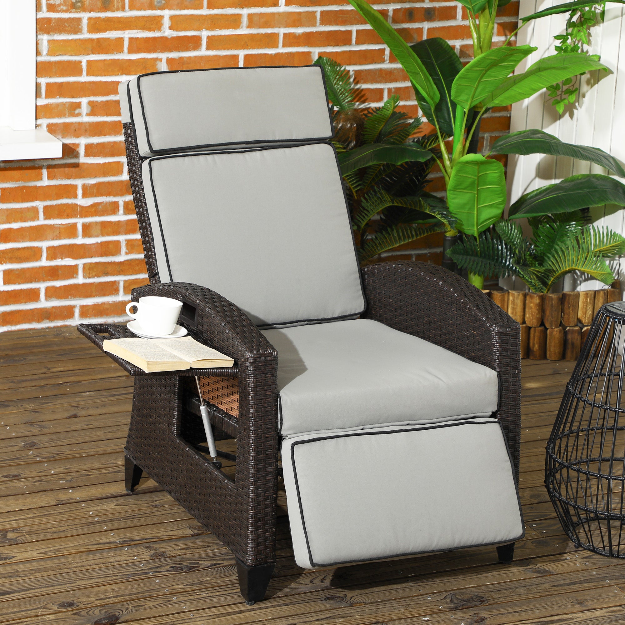 Outsunny Outdoor Recliner Chair with Cushion, PE Wicker Reclining Patio Lounge Chair with Adjustable Footrest, Armrests, Side Tray, for Balcony, Porch, Light Grey