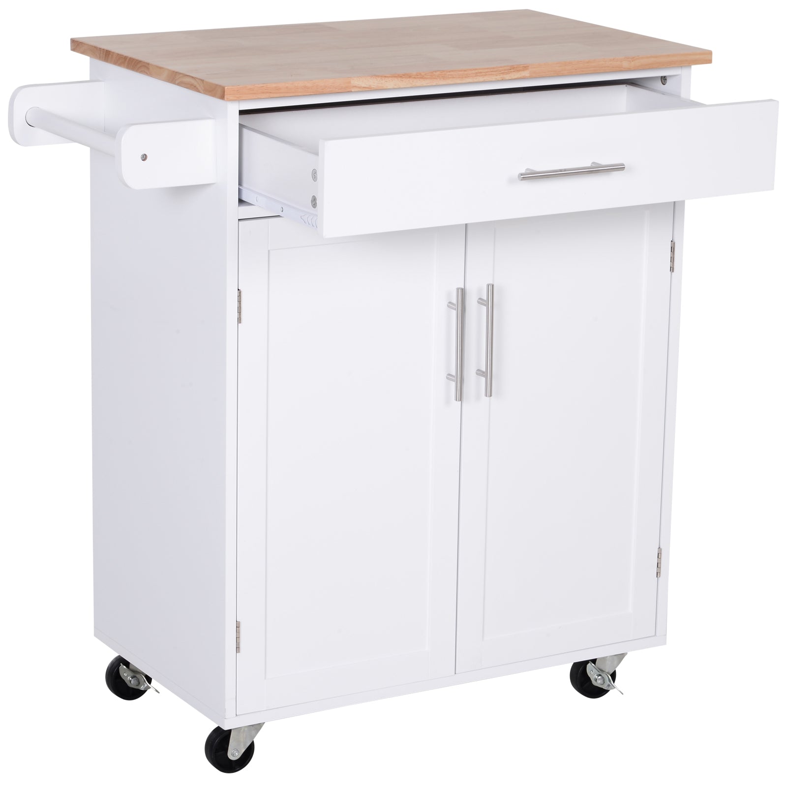 HOMCOM Rolling Kitchen Island Cart with Wood Top, Enough Storage Drawer Space with Towel Bar Rack Shelves, Portable Kitchen Utility Serving Cart Trolley on Wheels (White)