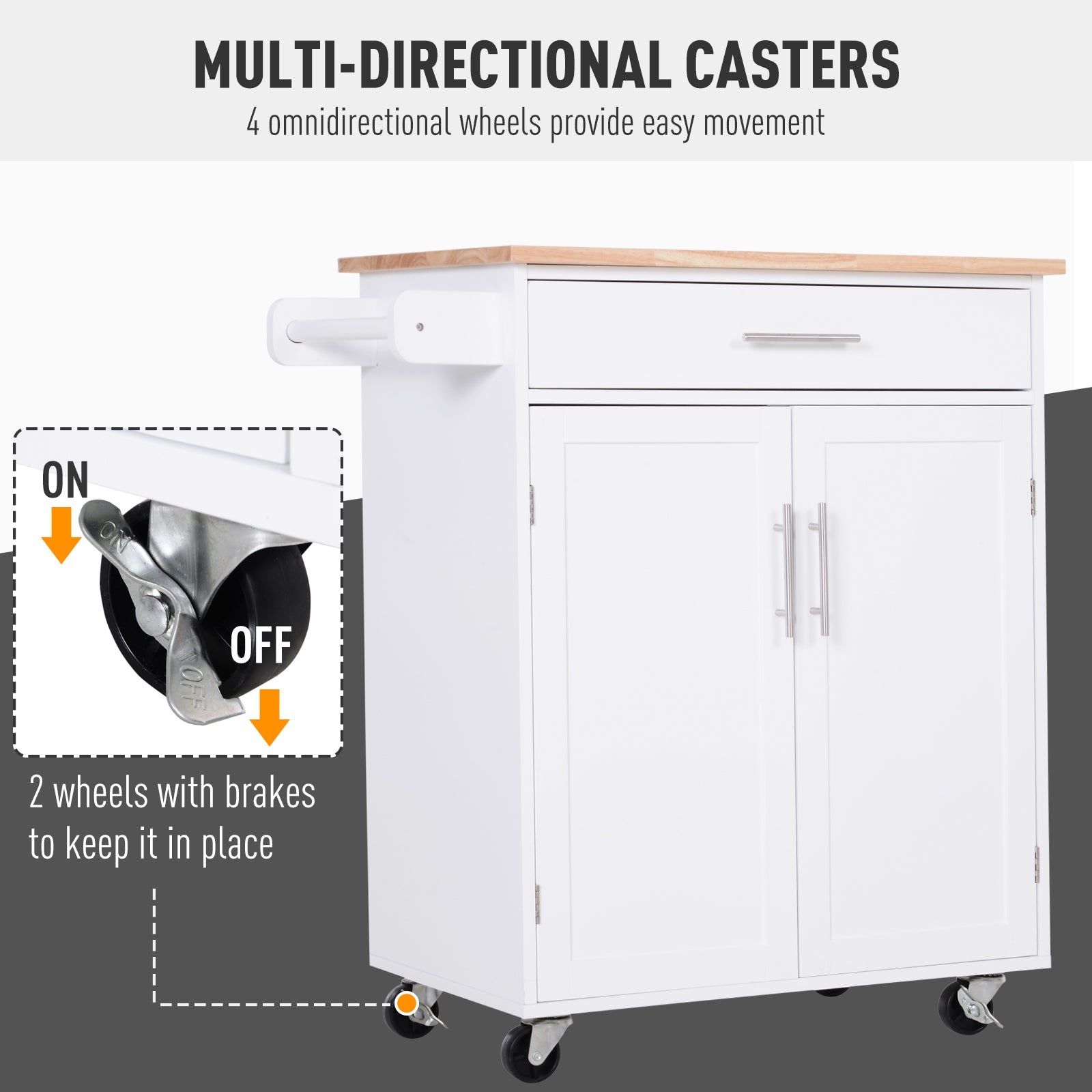 HOMCOM Rolling Kitchen Island Cart with Wood Top, Enough Storage Drawer Space with Towel Bar Rack Shelves, Portable Kitchen Utility Serving Cart Trolley on Wheels (White)