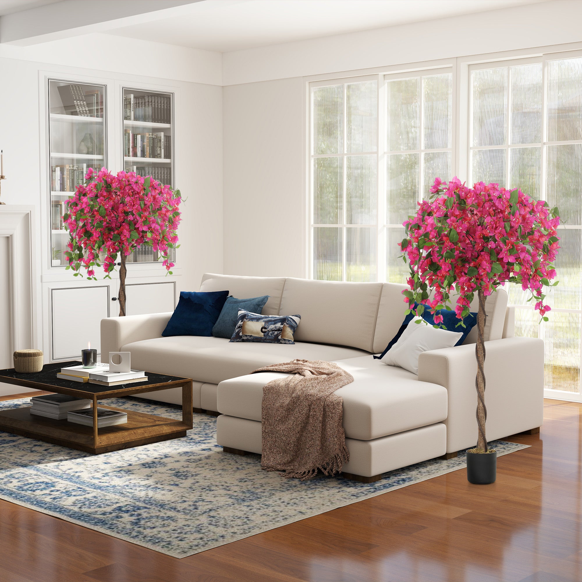 HOMCOM 5FT Artificial Murraya Tree with Natural Wood Trunk and Realistic Flowers, Faux Plants with Pots, Fake Trees for Indoor Home Decor Living Room Office, Set of 2