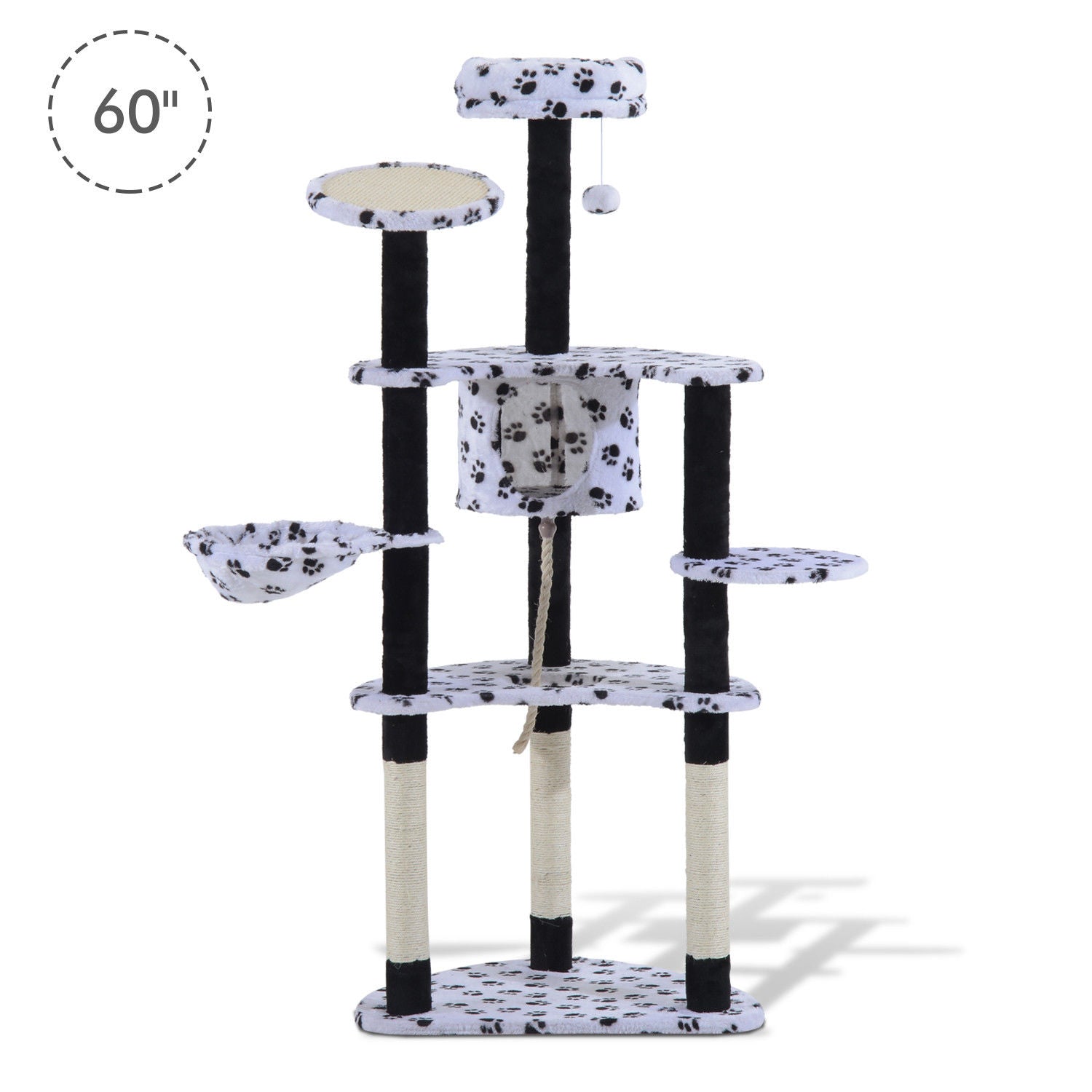 PawHut 60-inch Multilevel Cat Scratching Tree Condo Bed with Hammock