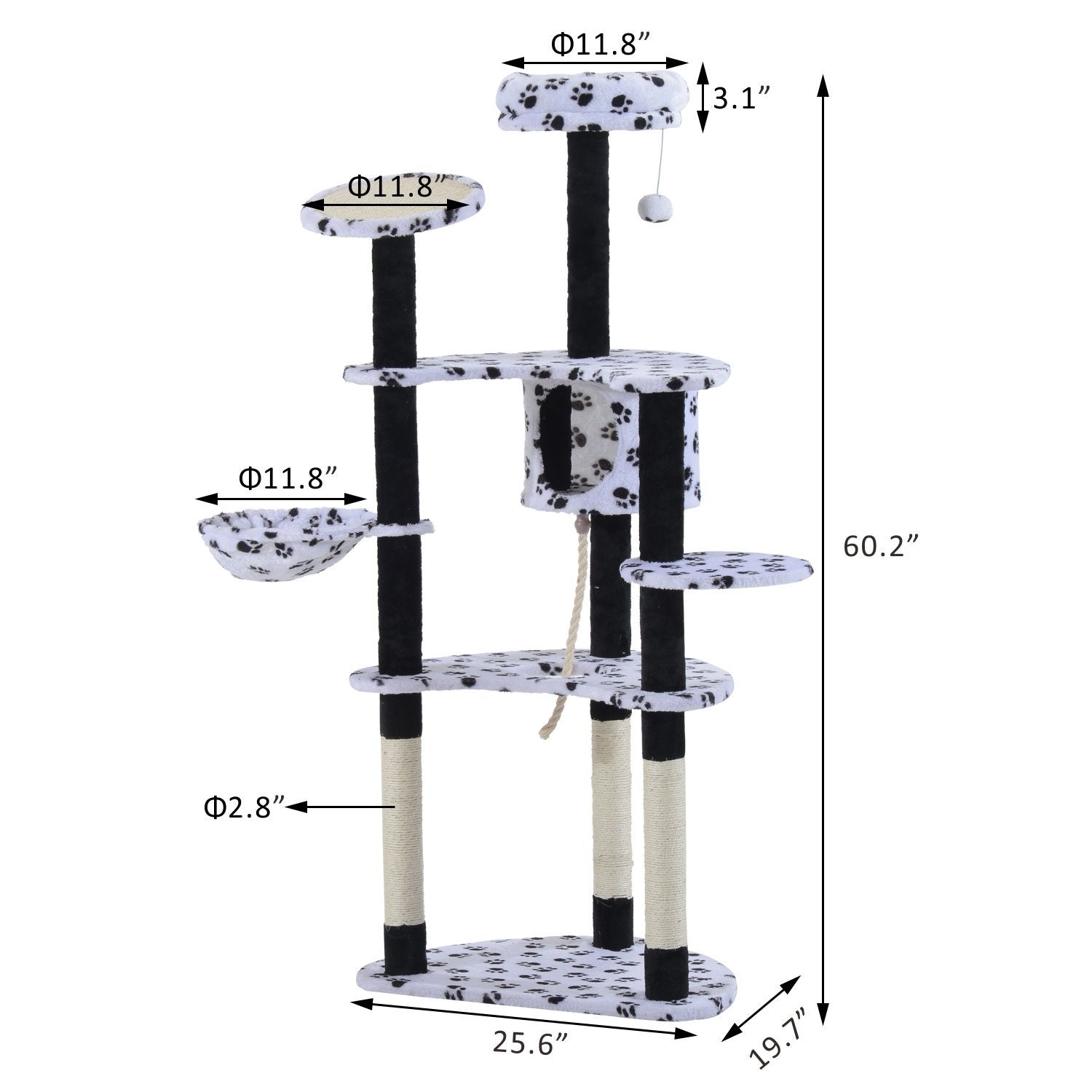 PawHut 60-inch Multilevel Cat Scratching Tree Condo Bed with Hammock