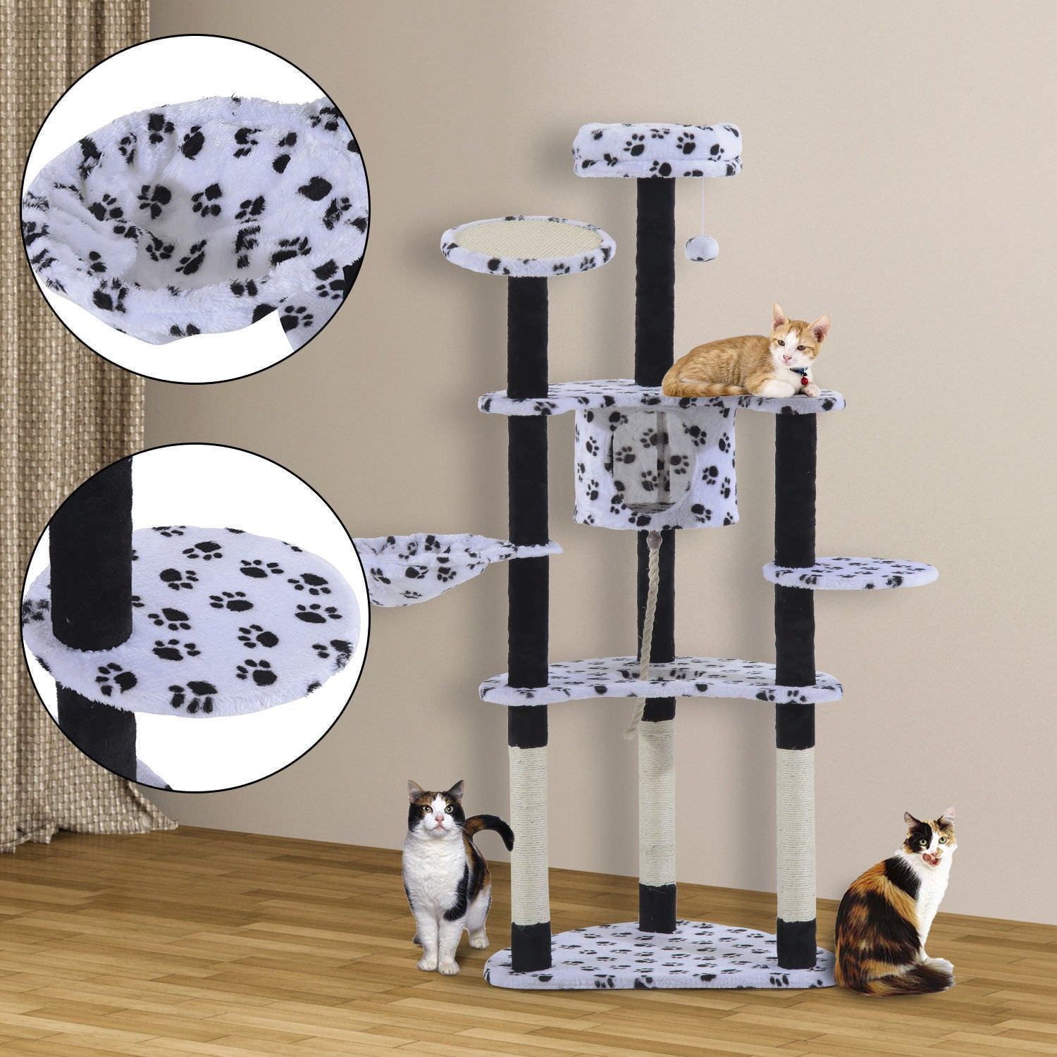 PawHut 60-inch Multilevel Cat Scratching Tree Condo Bed with Hammock