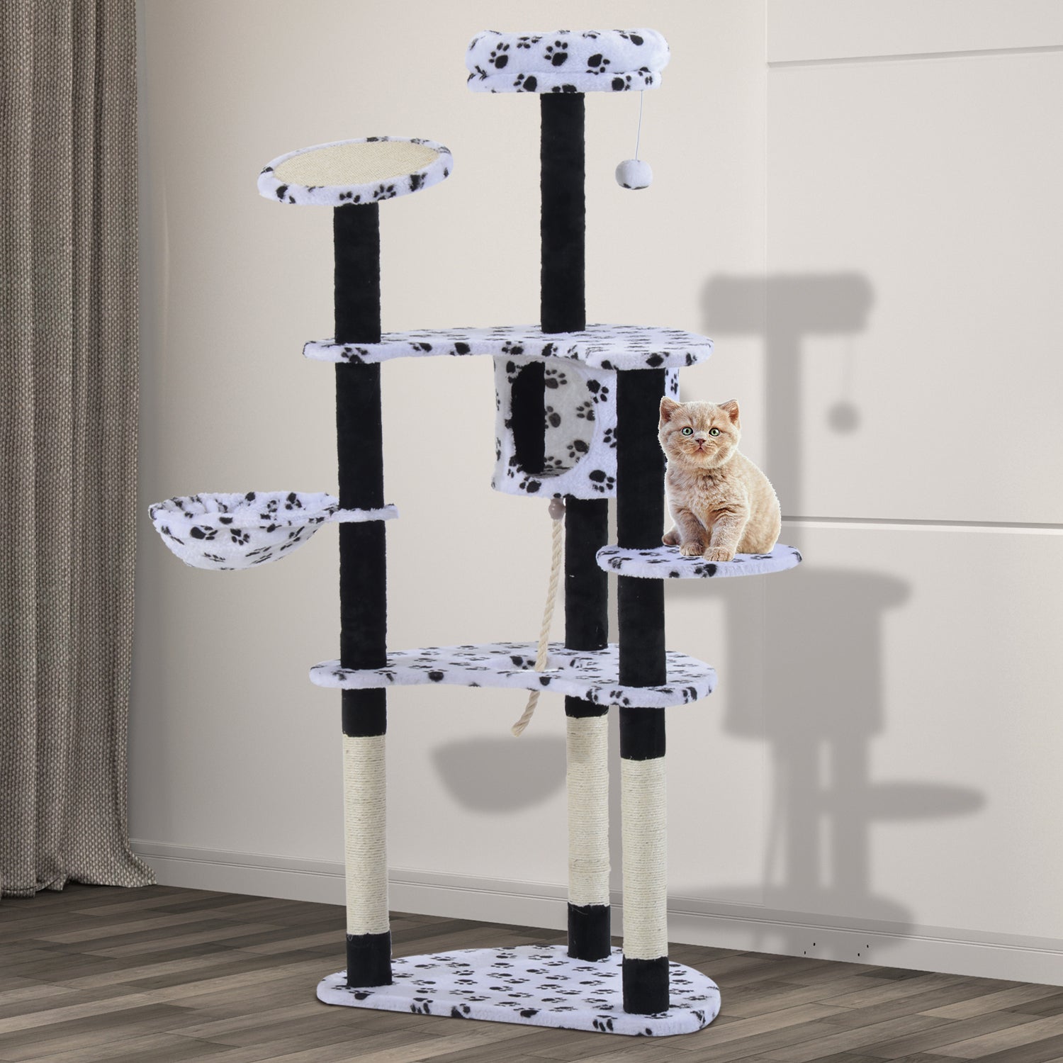 PawHut 60-inch Multilevel Cat Scratching Tree Condo Bed with Hammock