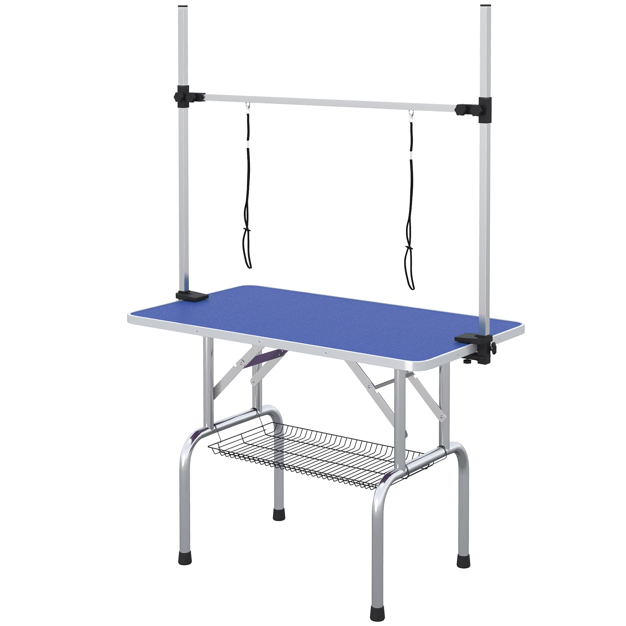 PawHut 42" Dog Grooming Table Adjustable Pet Cat Drying Beauty Table Rubber Top with 2 Loops Storage Basket Metal Blue