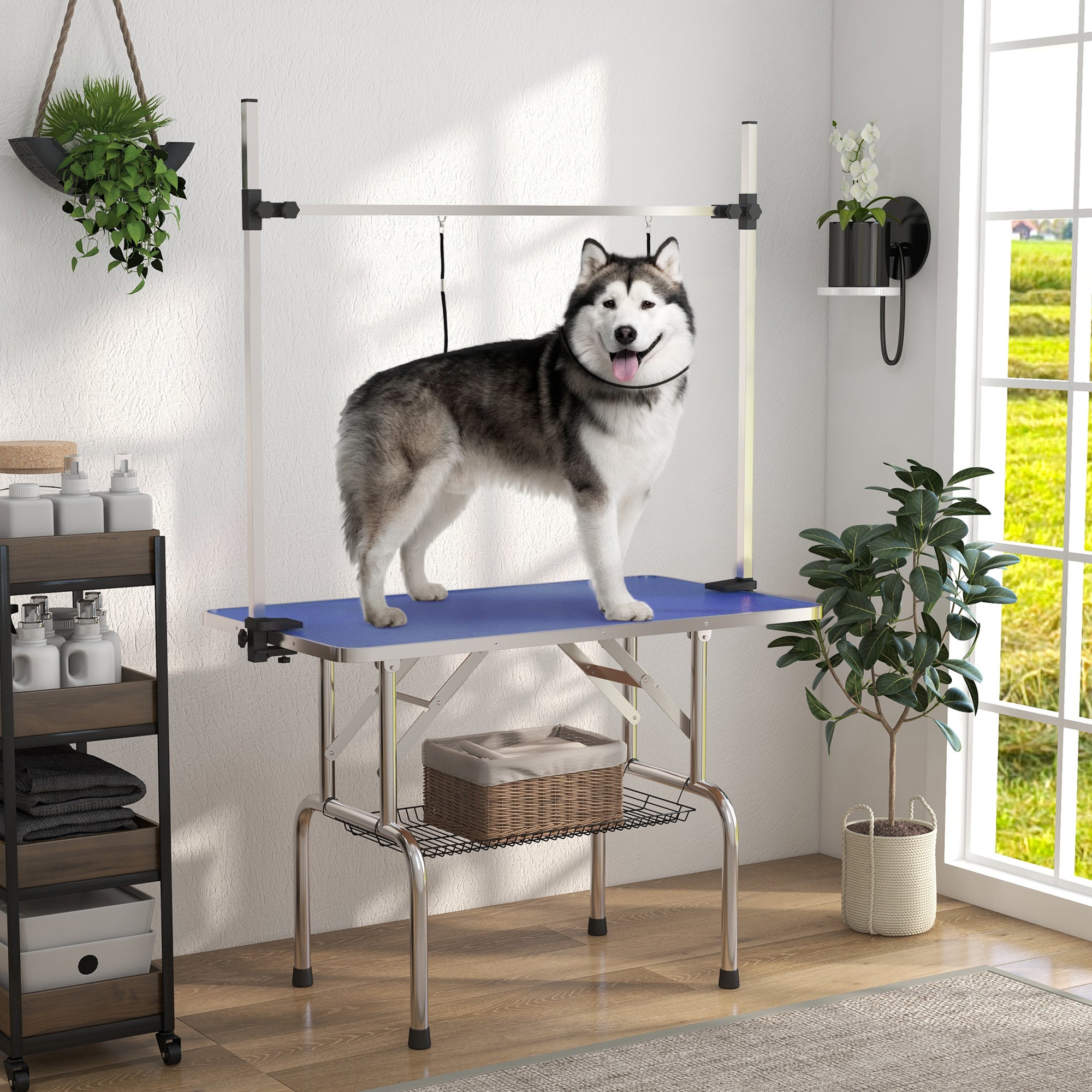 PawHut 42" Dog Grooming Table Adjustable Pet Cat Drying Beauty Table Rubber Top with 2 Loops Storage Basket Metal Blue