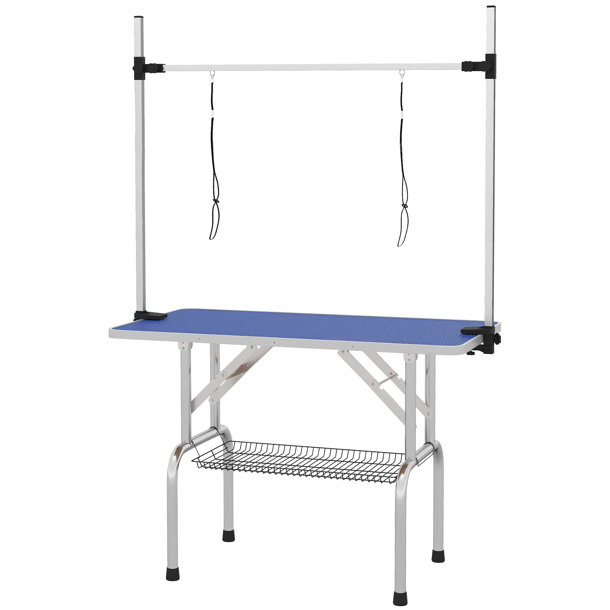 PawHut 42" Dog Grooming Table Adjustable Pet Cat Drying Beauty Table Rubber Top with 2 Loops Storage Basket Metal Blue