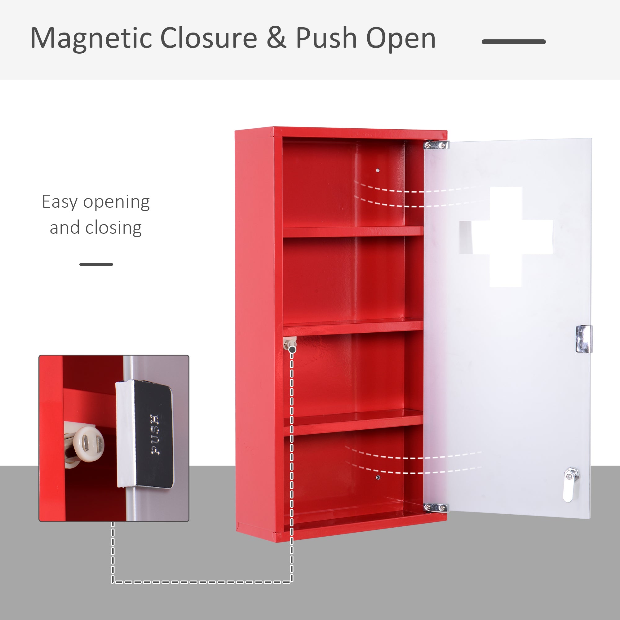 HOMCOM Locking Medicine Cabinet, 12" x 24" Bathroom Wall Cabinet with 4 Tier Shelves, Steel Frame and Glass Door, Lockable with 2 Keys, Red