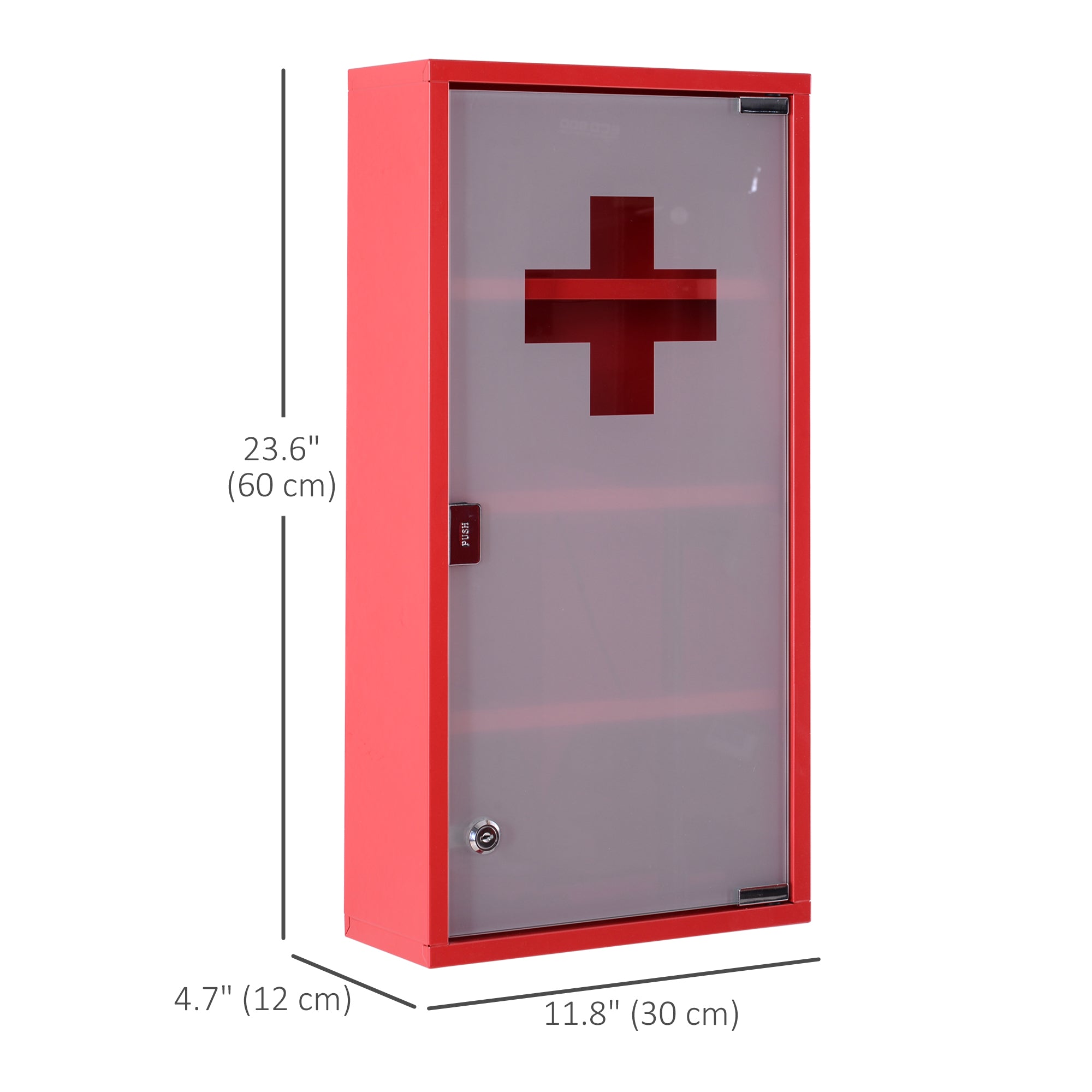 HOMCOM Locking Medicine Cabinet, 12" x 24" Bathroom Wall Cabinet with 4 Tier Shelves, Steel Frame and Glass Door, Lockable with 2 Keys, Red