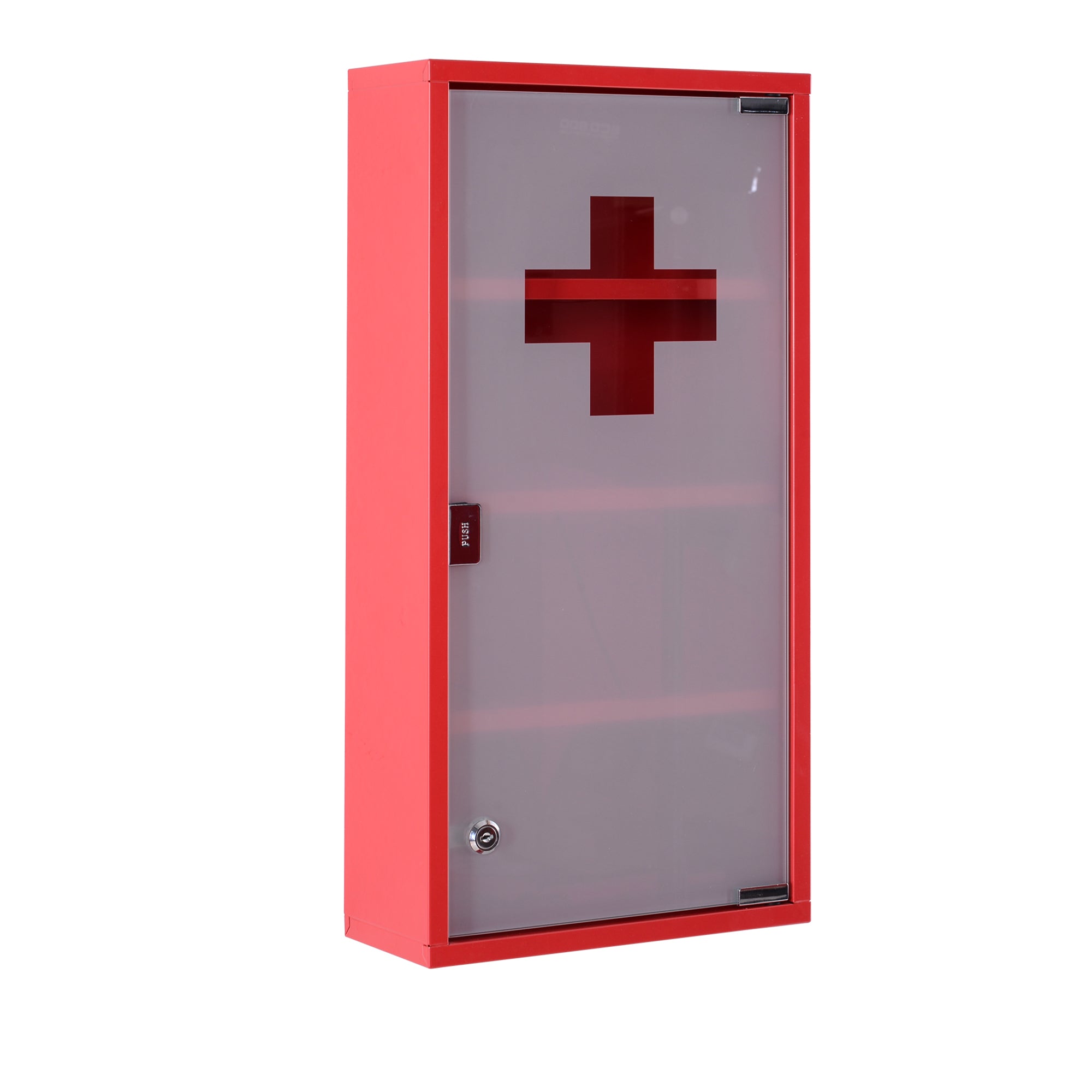 HOMCOM Locking Medicine Cabinet, 12" x 24" Bathroom Wall Cabinet with 4 Tier Shelves, Steel Frame and Glass Door, Lockable with 2 Keys, Red
