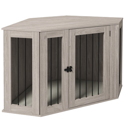 PawHut Corner Dog Crate Furniture, End Table Dog Kennel Furniture with Cushion, Pet Crate for Large-Sized Dog Indoor Use, Walnut Brown