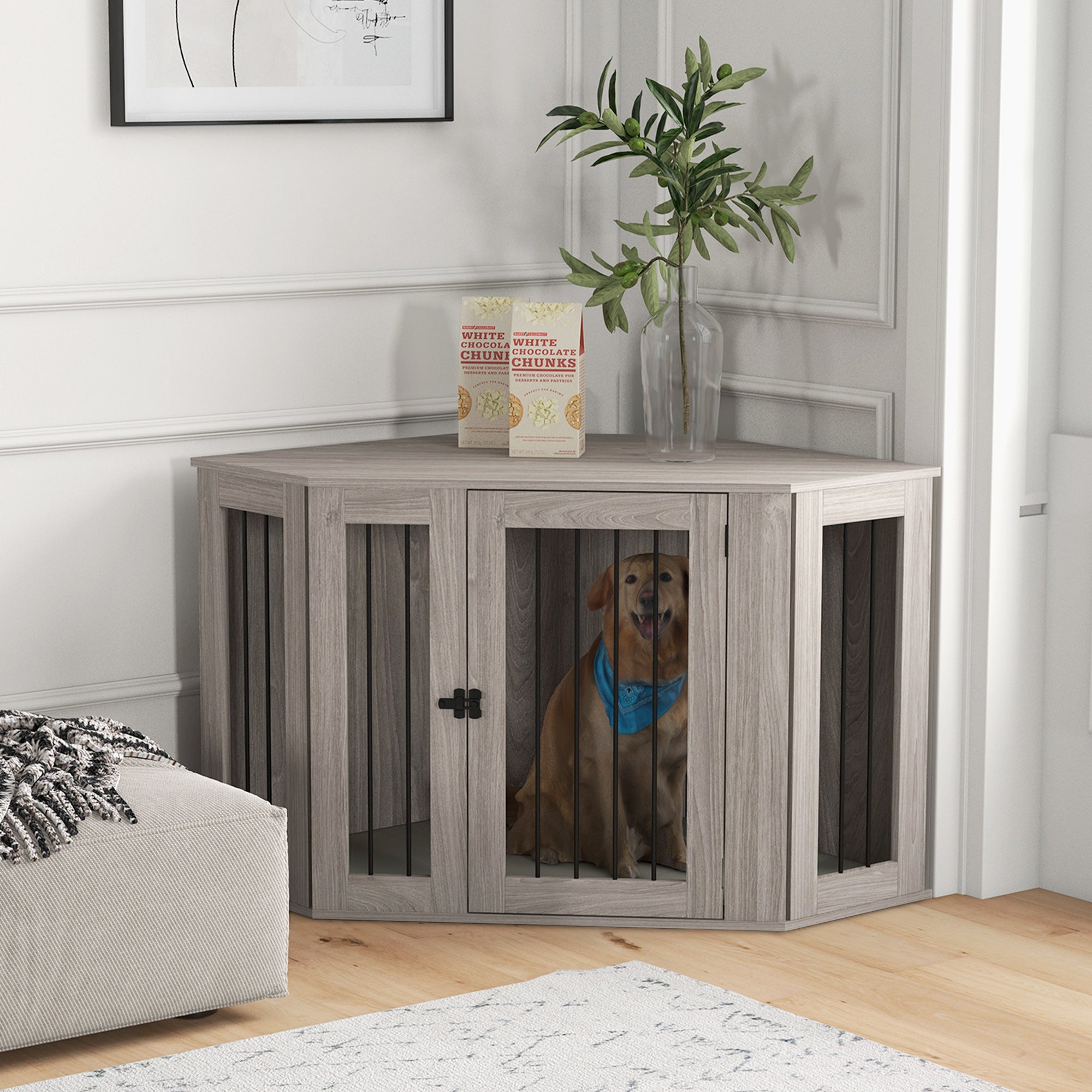 PawHut Corner Dog Crate Furniture, End Table Dog Kennel Furniture with Cushion, Pet Crate for Large-Sized Dog Indoor Use, Walnut Brown