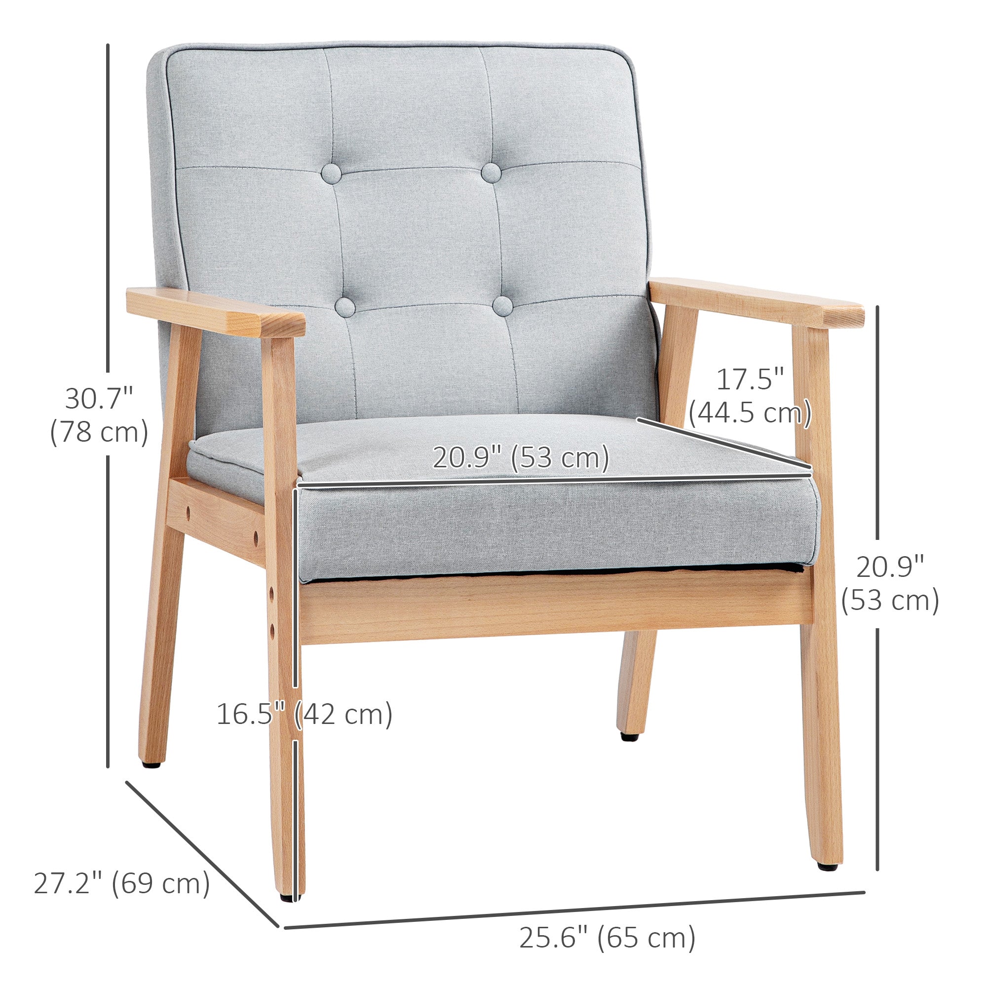 HOMCOM Fabric Accent Chair, Tufted Armchair, Modern Living Room Chair with Wood Legs and Thick Padding for Bedroom, Light Grey
