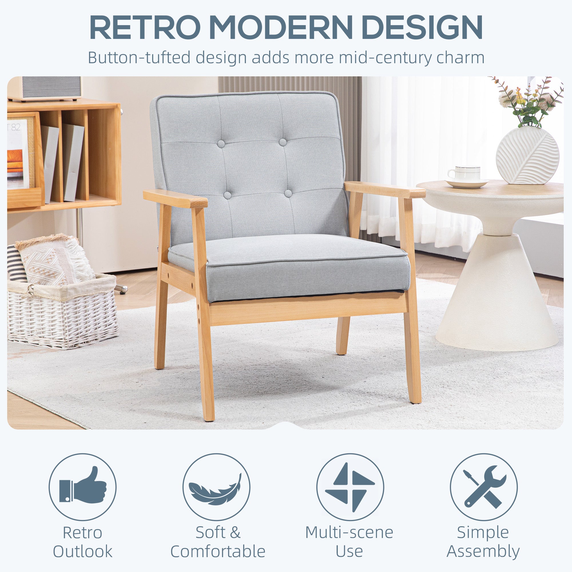 HOMCOM Fabric Accent Chair, Tufted Armchair, Modern Living Room Chair with Wood Legs and Thick Padding for Bedroom, Light Grey