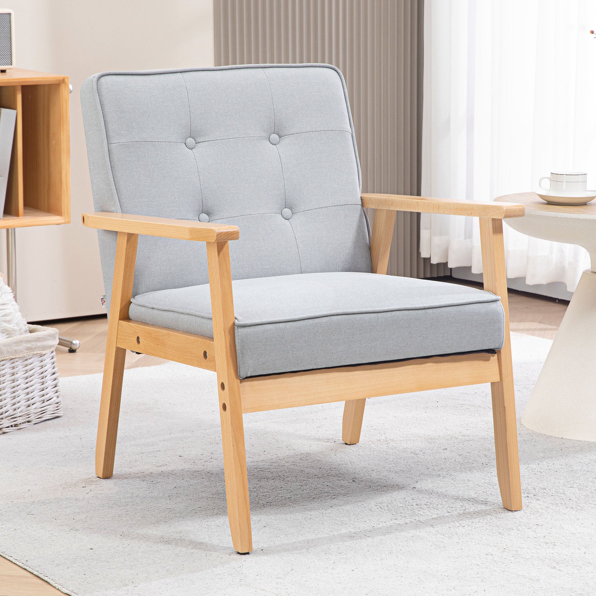 HOMCOM Fabric Accent Chair, Tufted Armchair, Modern Living Room Chair with Wood Legs and Thick Padding for Bedroom, Light Grey