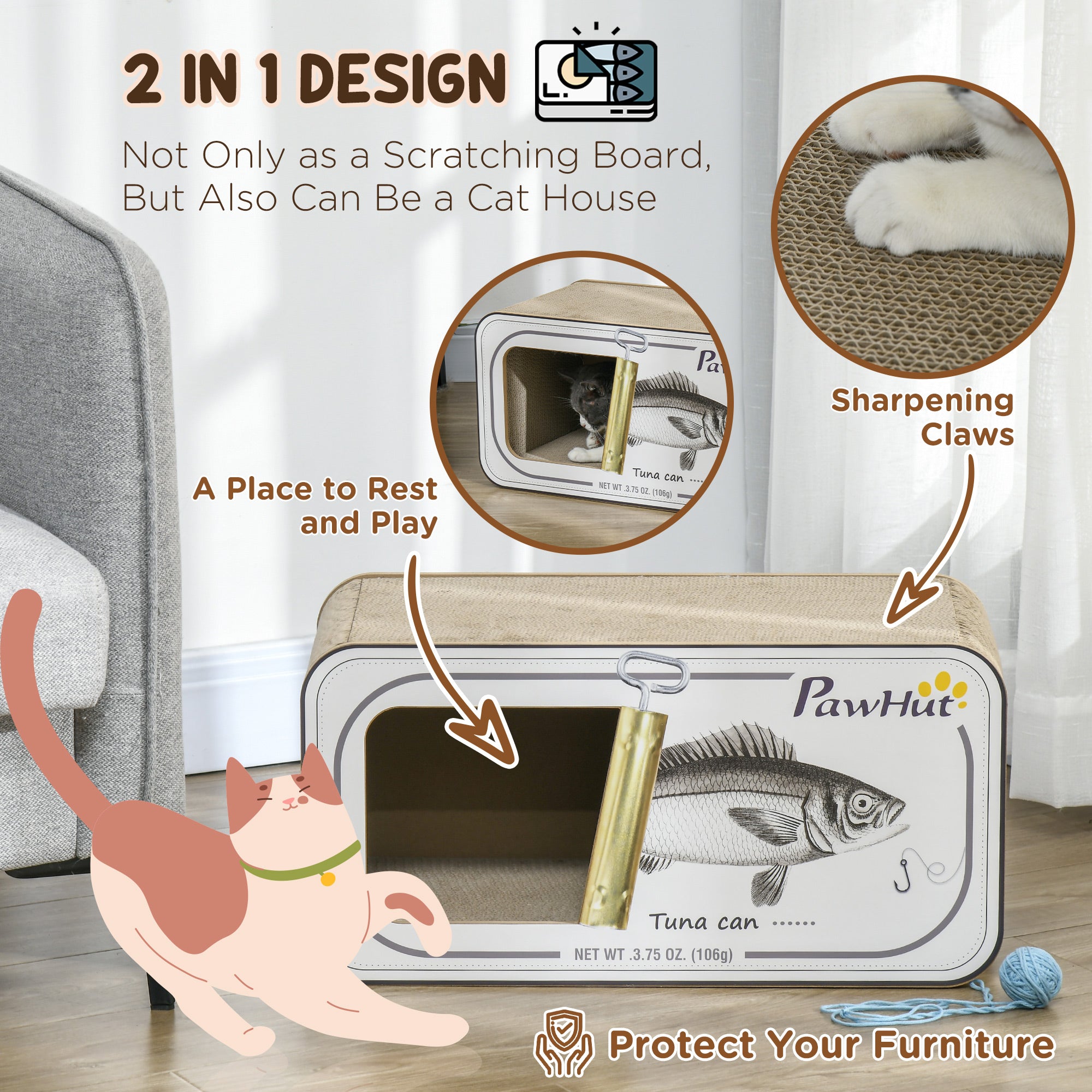 PawHut Cat Scratching Board, 2 in 1 Cat Scratcher Cardboard with Catnip, Canned Tuna Design Cat House for Indoor Kitty, Cream White