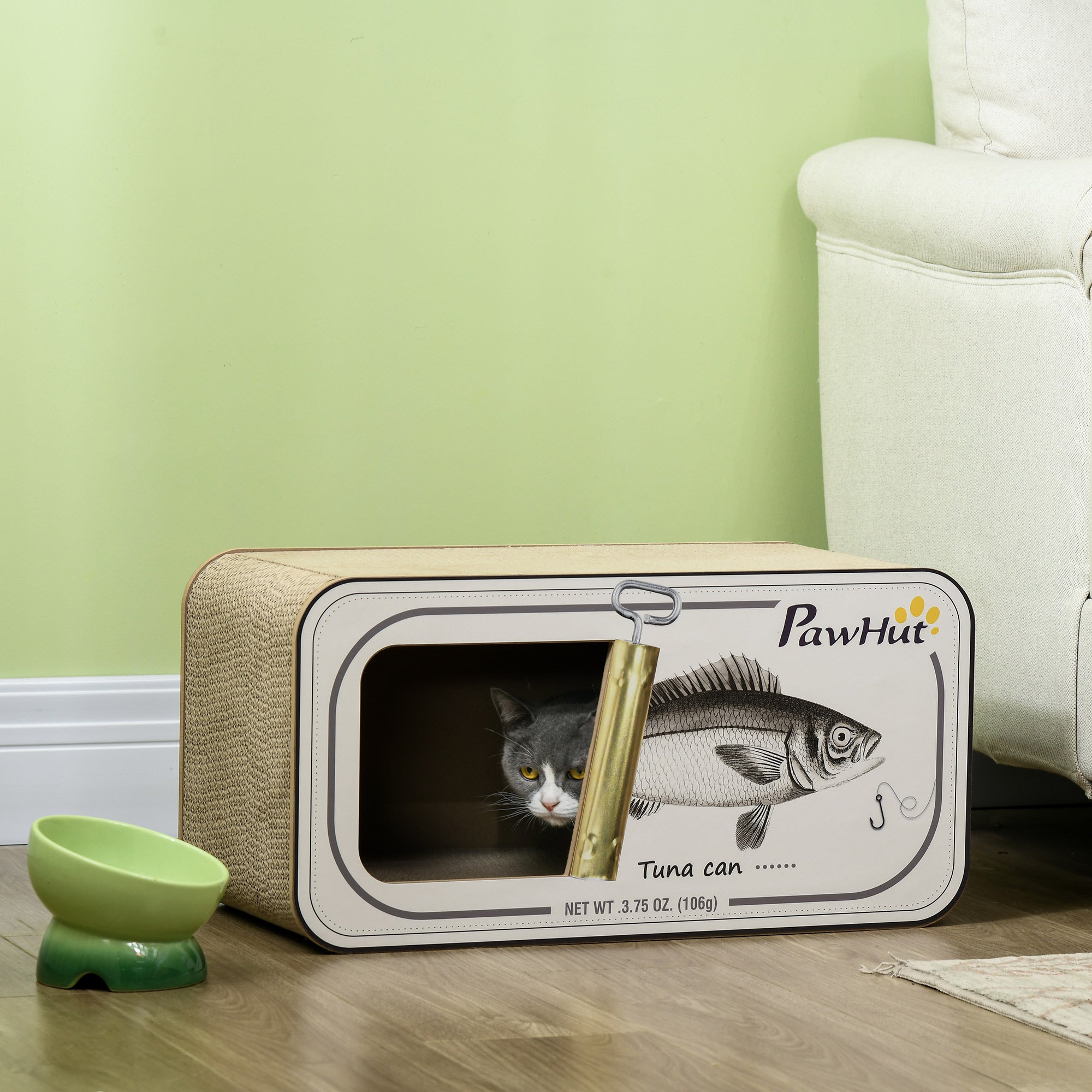 PawHut Cat Scratching Board, 2 in 1 Cat Scratcher Cardboard with Catnip, Canned Tuna Design Cat House for Indoor Kitty, Cream White