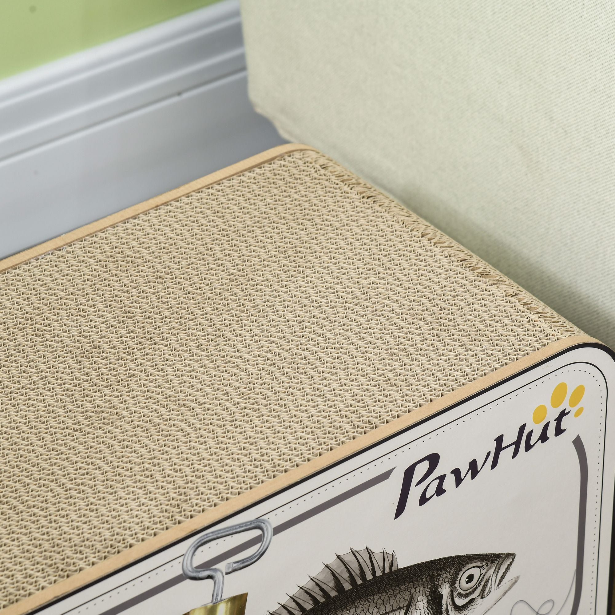 PawHut Cat Scratching Board, 2 in 1 Cat Scratcher Cardboard with Catnip, Canned Tuna Design Cat House for Indoor Kitty, Cream White