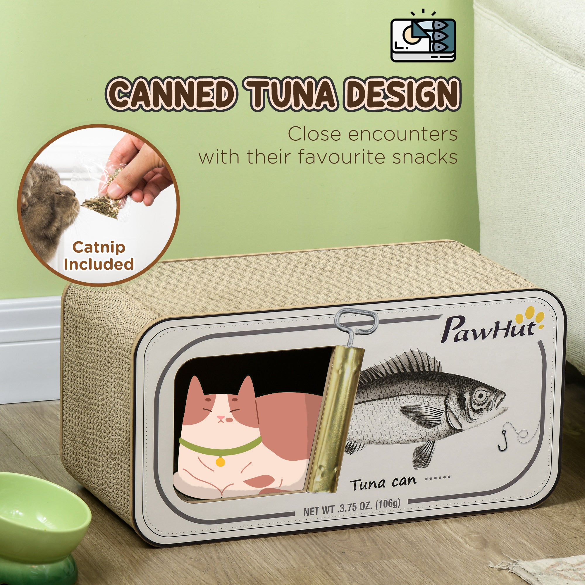 PawHut Cat Scratching Board, 2 in 1 Cat Scratcher Cardboard with Catnip, Canned Tuna Design Cat House for Indoor Kitty, Cream White