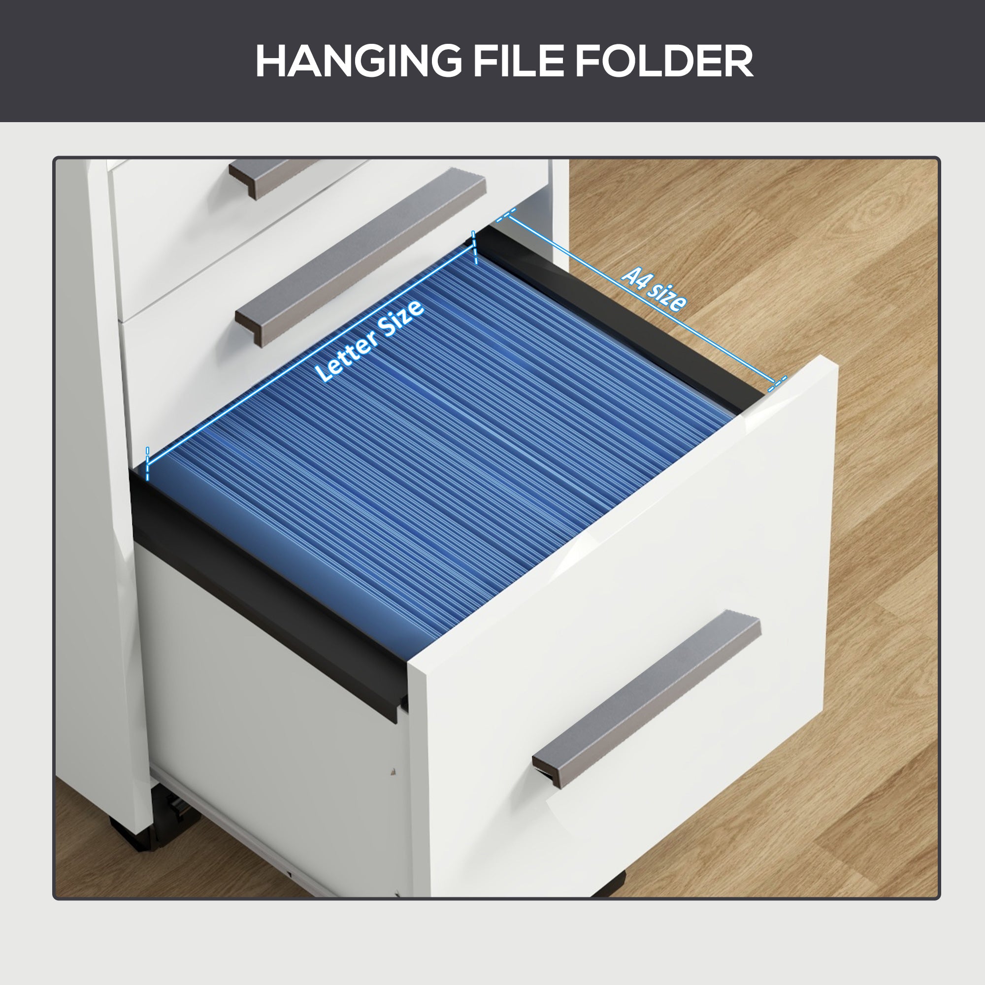 HOMCOM 3 Drawer File Cabinet with Lock and Edged Top, Lockable Filing Cabinet on Wheels with Hanging Bars for Letter and A4 Size, White