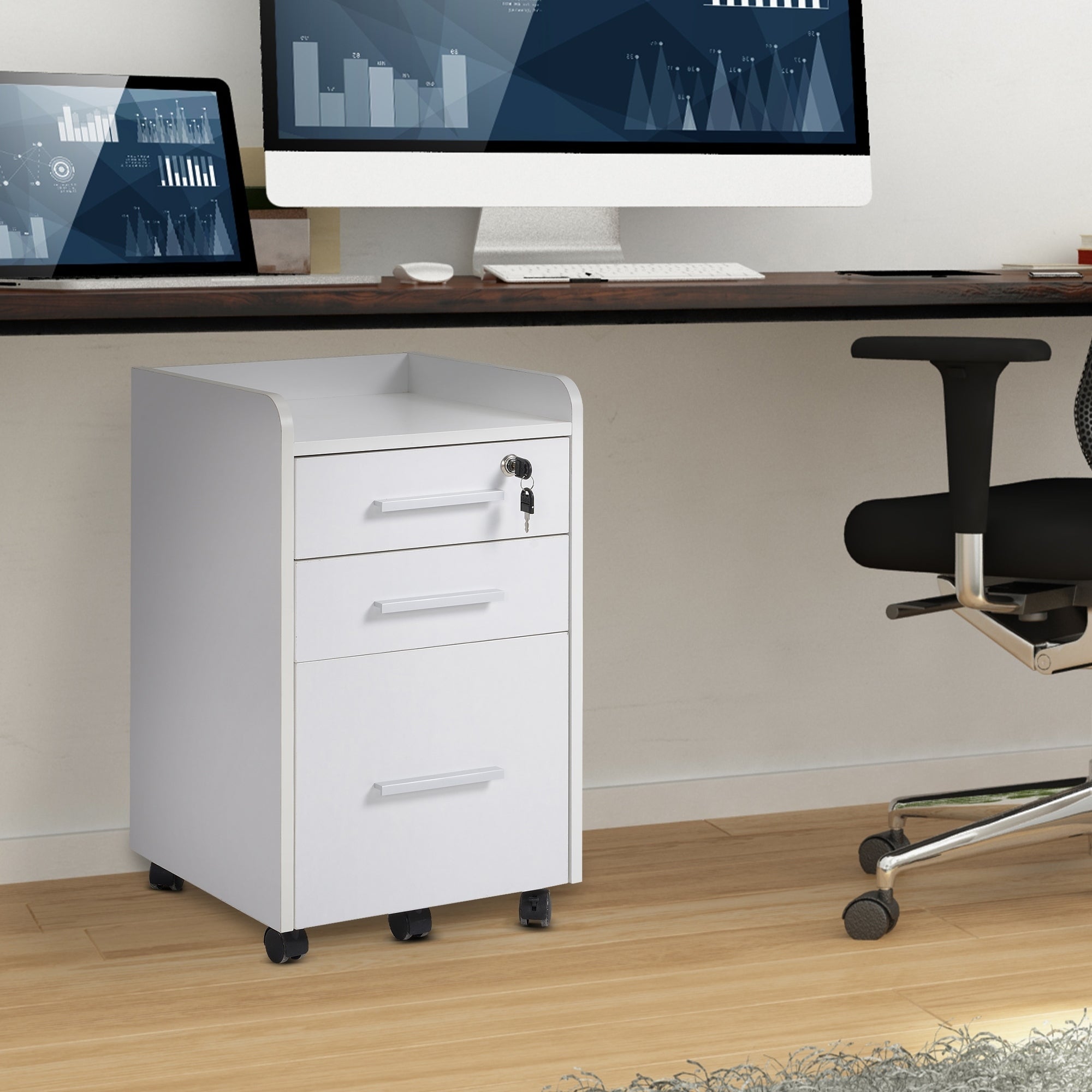 HOMCOM 3 Drawer File Cabinet with Lock and Edged Top, Lockable Filing Cabinet on Wheels with Hanging Bars for Letter and A4 Size, White