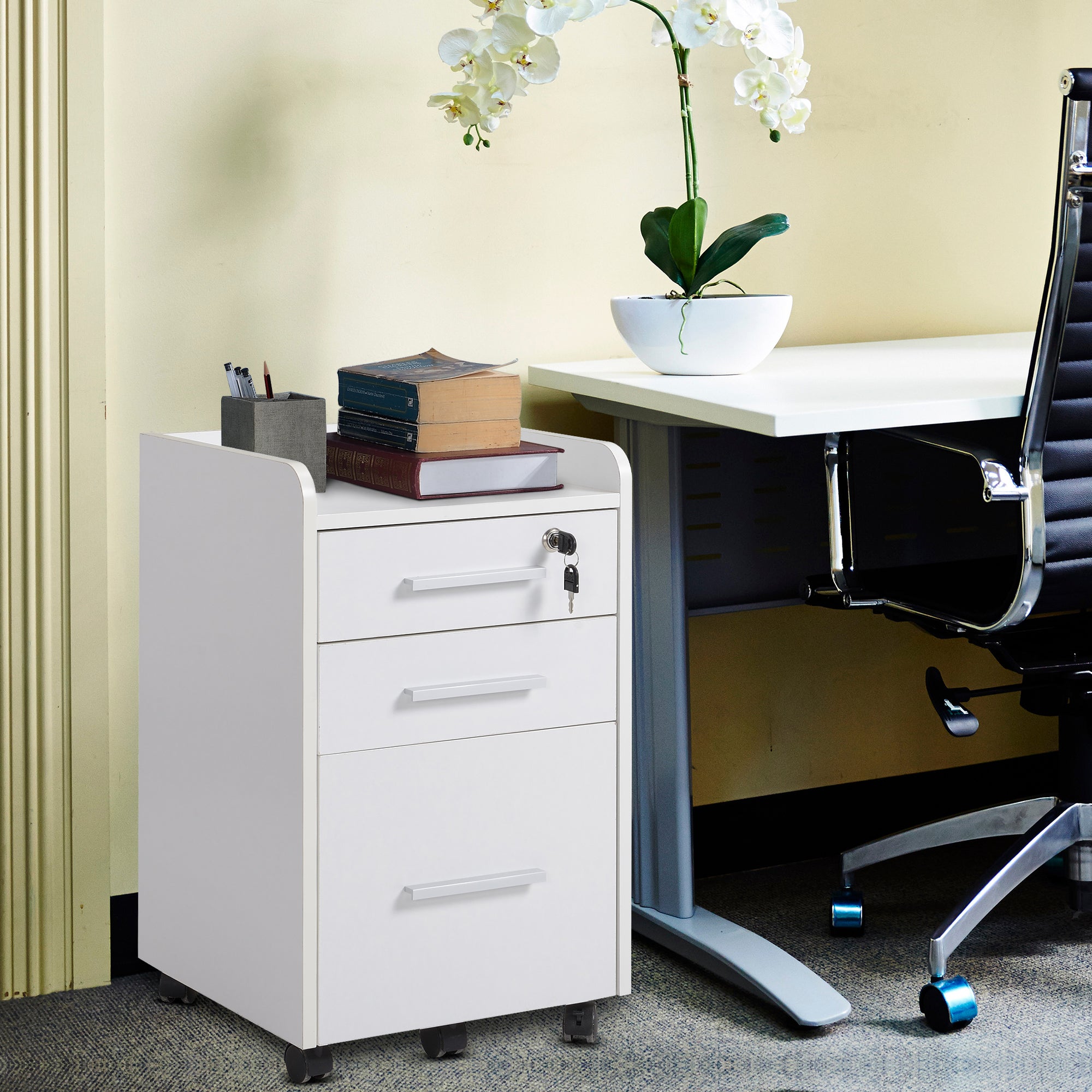 HOMCOM 3 Drawer File Cabinet with Lock and Edged Top, Lockable Filing Cabinet on Wheels with Hanging Bars for Letter and A4 Size, White