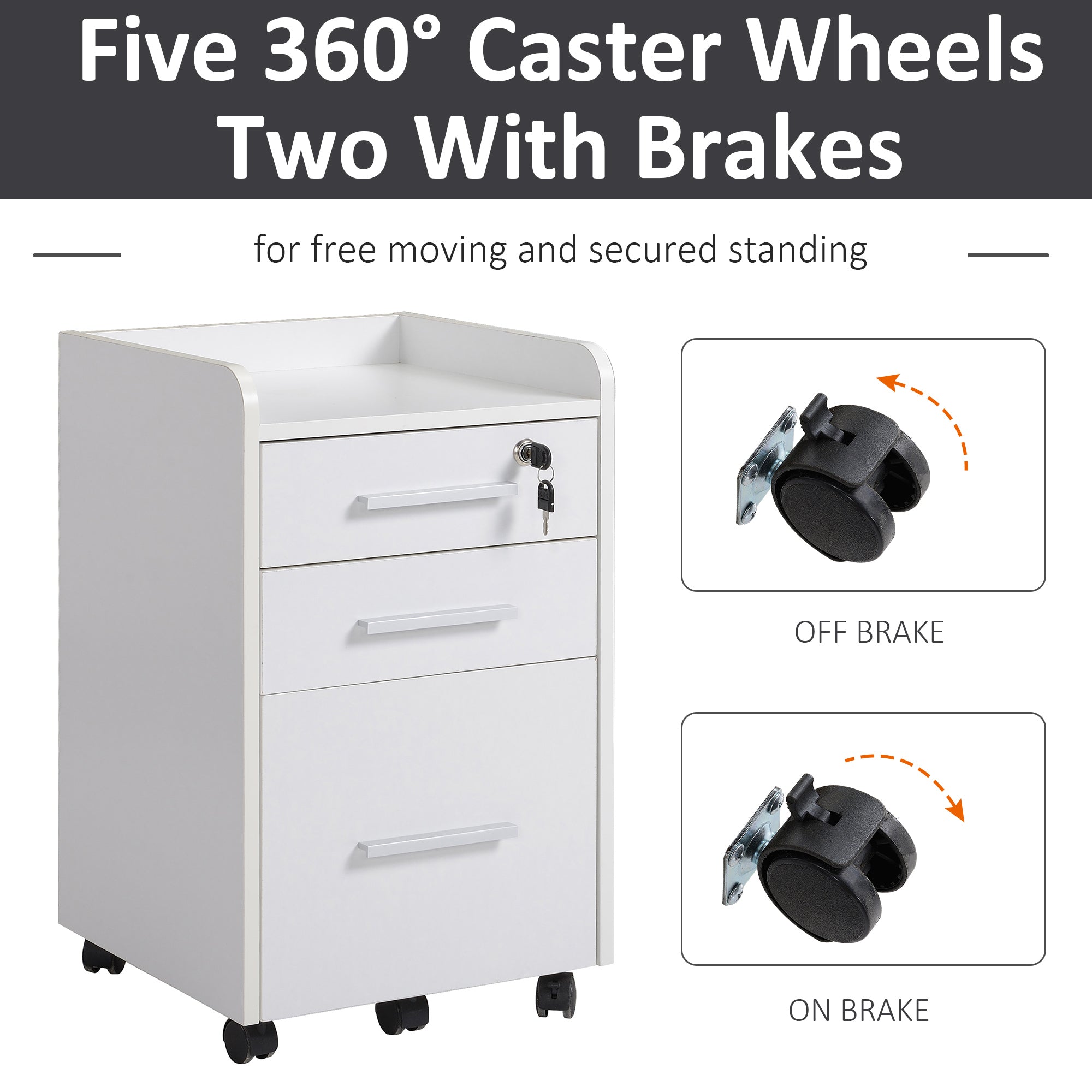 HOMCOM 3 Drawer File Cabinet with Lock and Edged Top, Lockable Filing Cabinet on Wheels with Hanging Bars for Letter and A4 Size, White