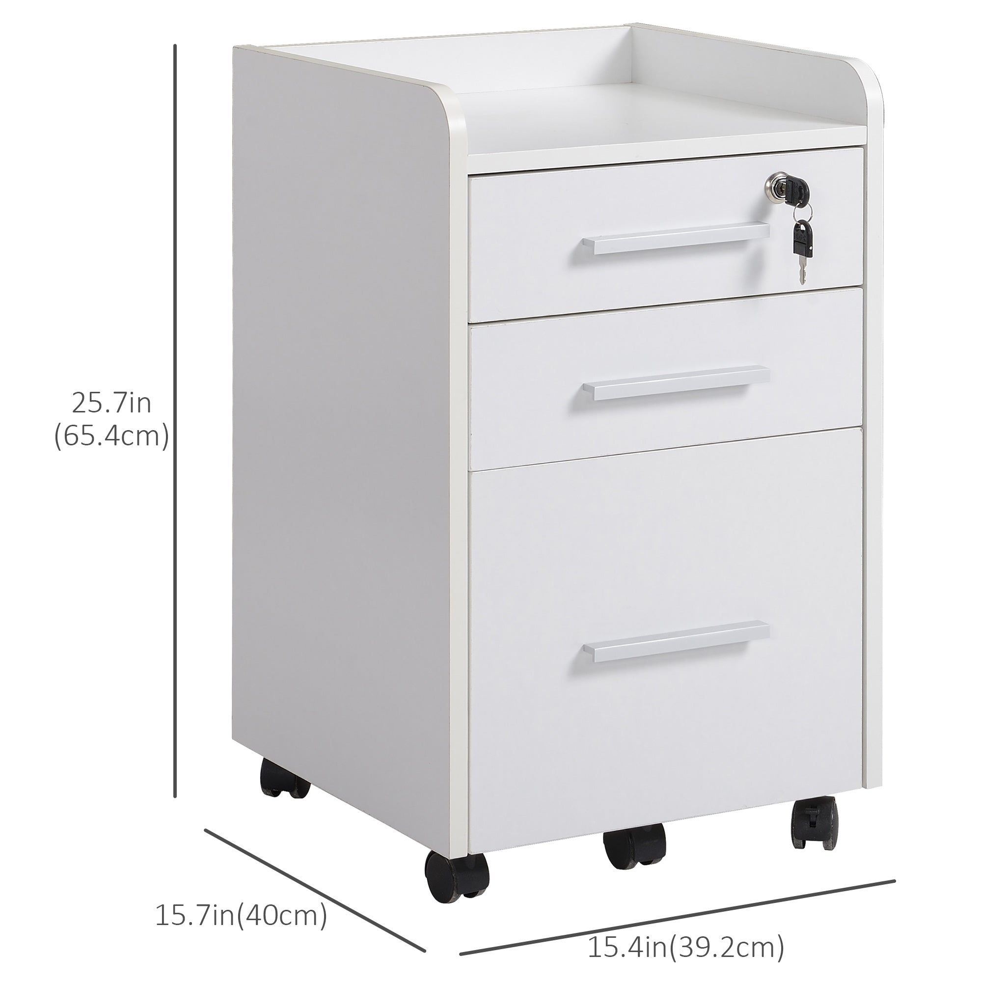 HOMCOM 3 Drawer File Cabinet with Lock and Edged Top, Lockable Filing Cabinet on Wheels with Hanging Bars for Letter and A4 Size, White