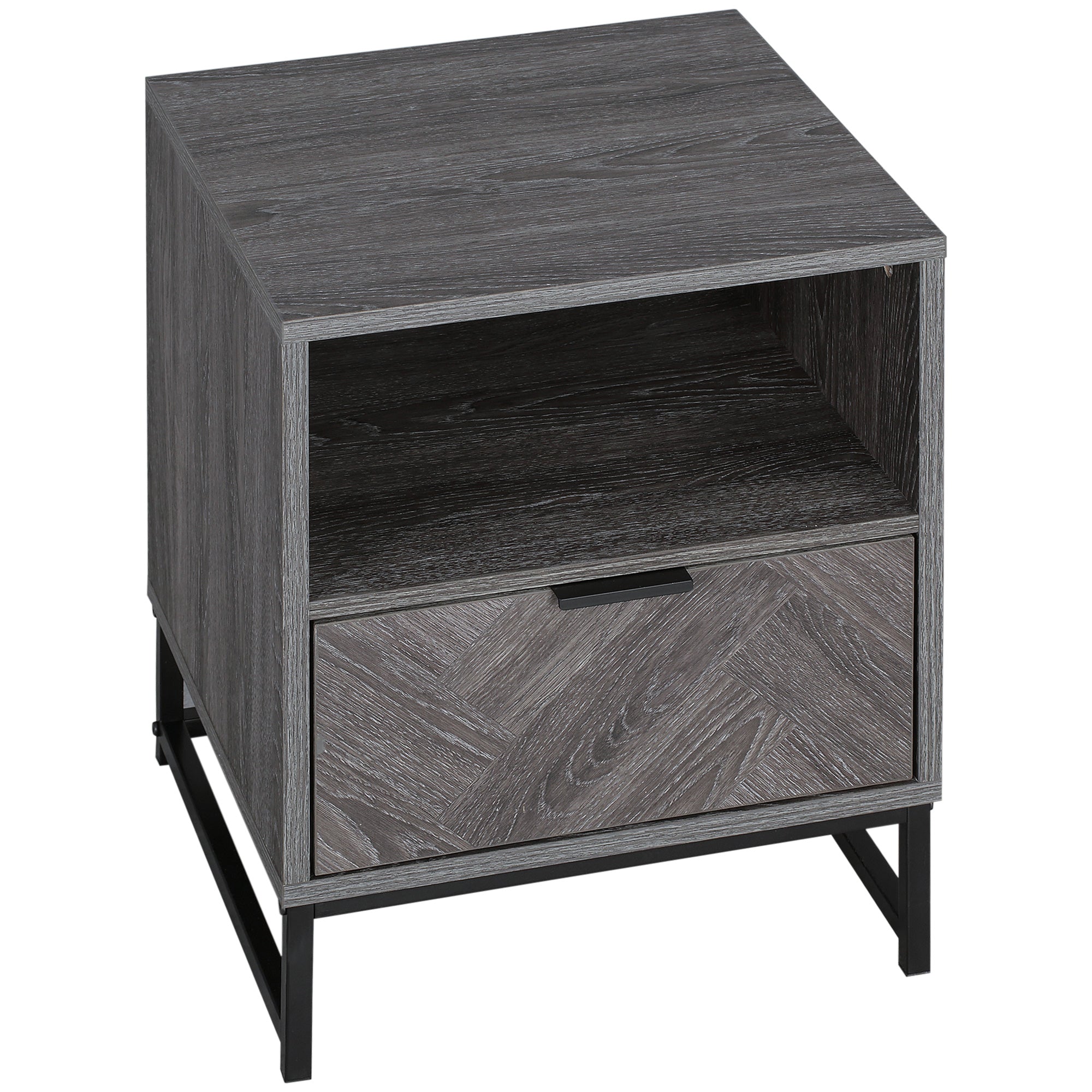 HOMCOM Bedside Table with Drawer and Shelf, Side End Table with Steel Legs for Living Room, Bedroom, Dark Grey