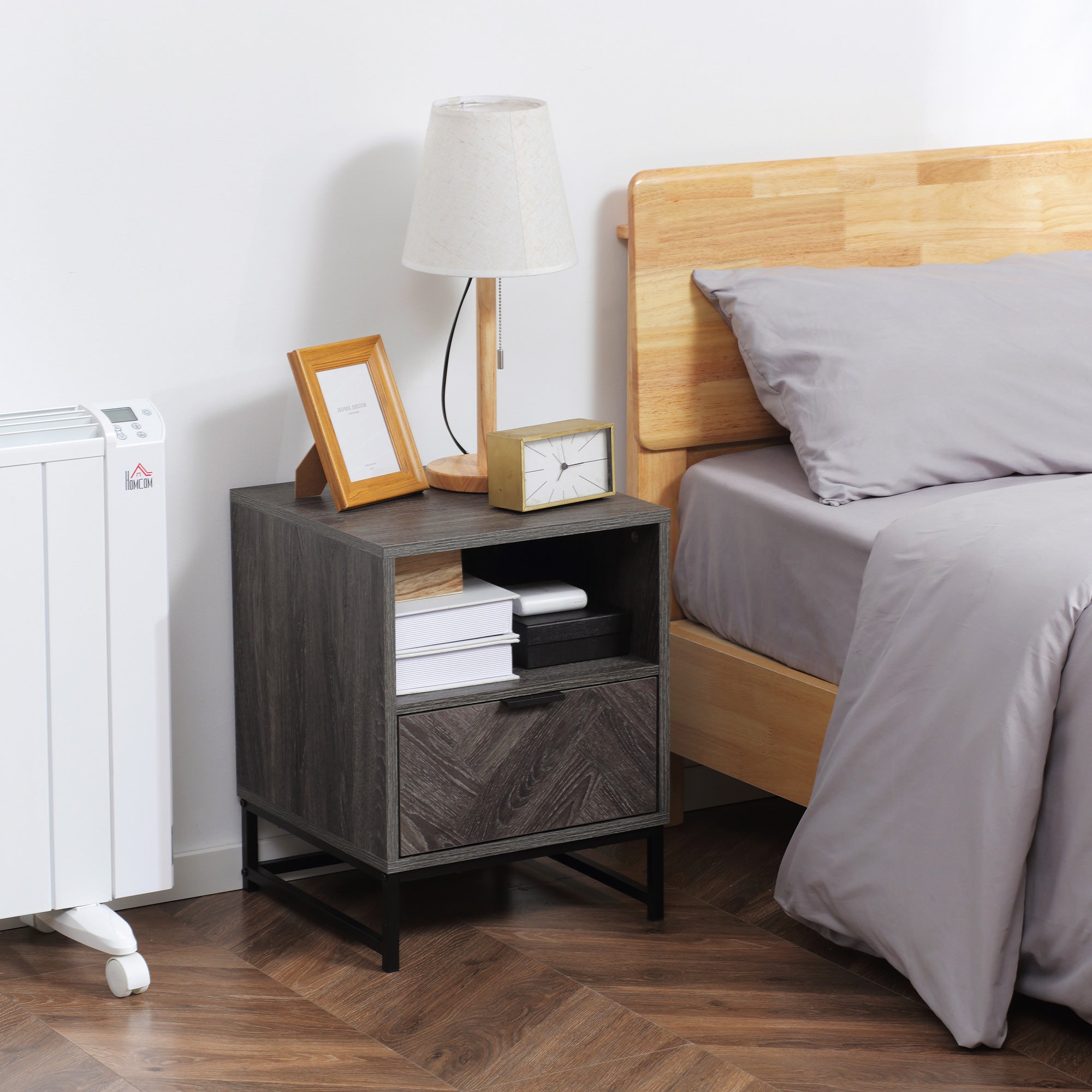 HOMCOM Bedside Table with Drawer and Shelf, Side End Table with Steel Legs for Living Room, Bedroom, Dark Grey