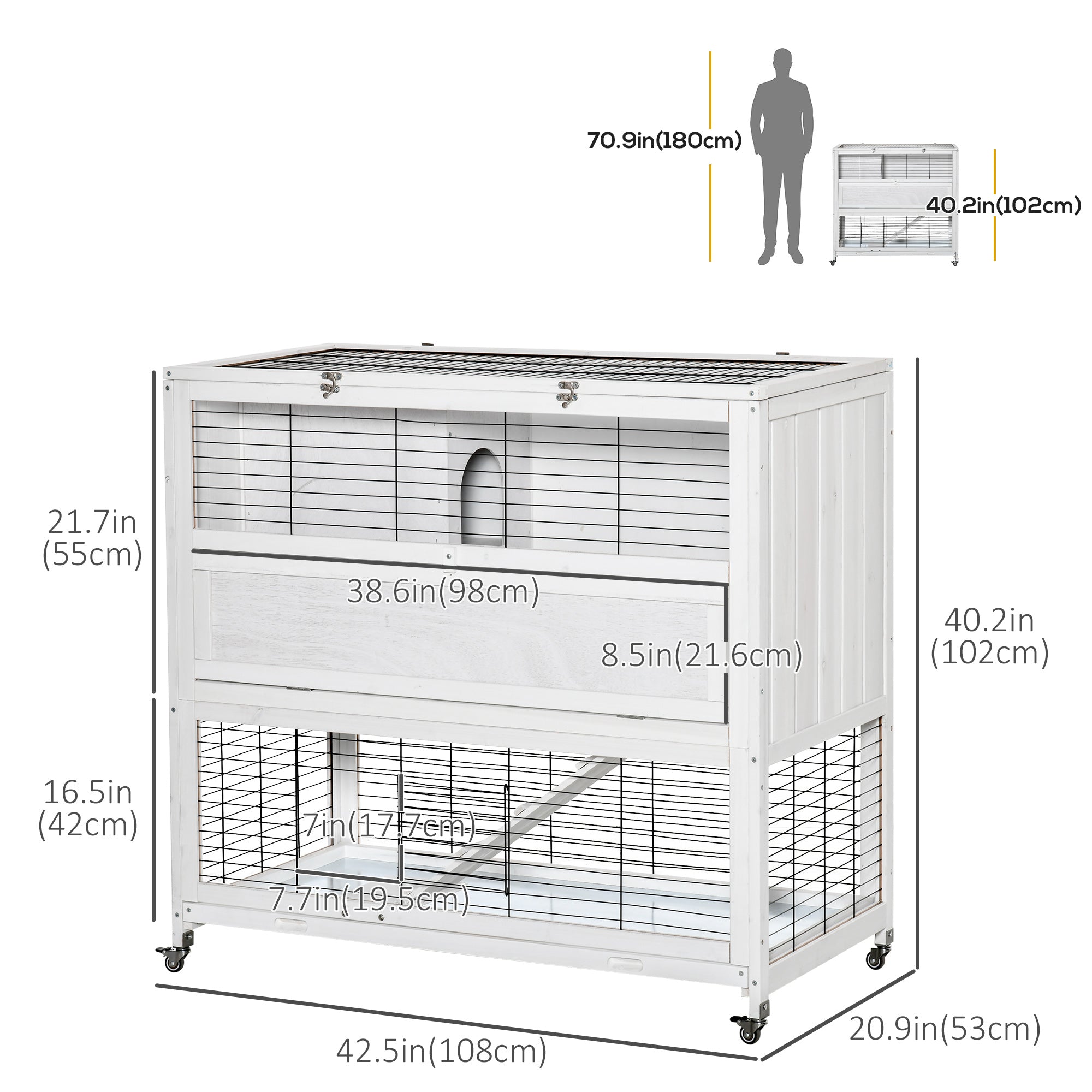 PawHut 42.5" Wooden Rabbit Hutch Indoor with Wheels, Bunny Cage with Openable Roof, Hut, Slide-out Tray, Ramp, White