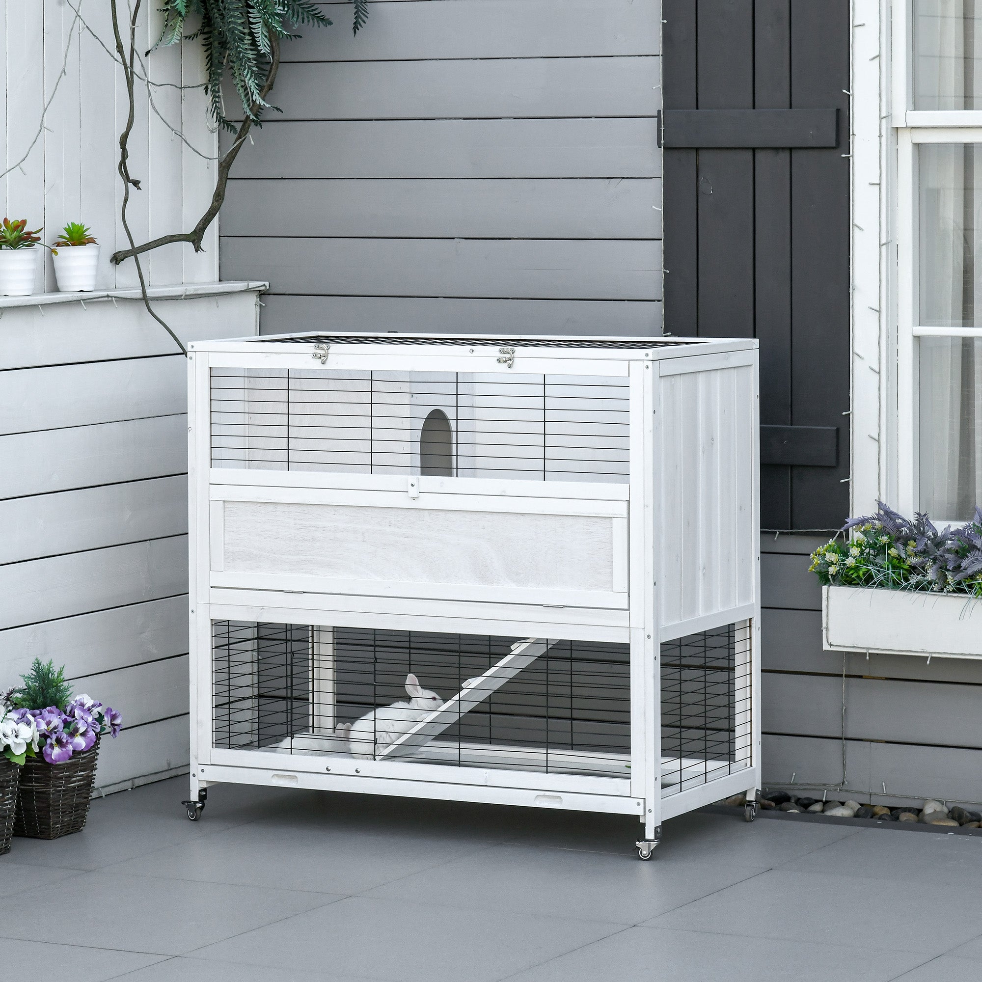 PawHut 42.5" Wooden Rabbit Hutch Indoor with Wheels, Bunny Cage with Openable Roof, Hut, Slide-out Tray, Ramp, White
