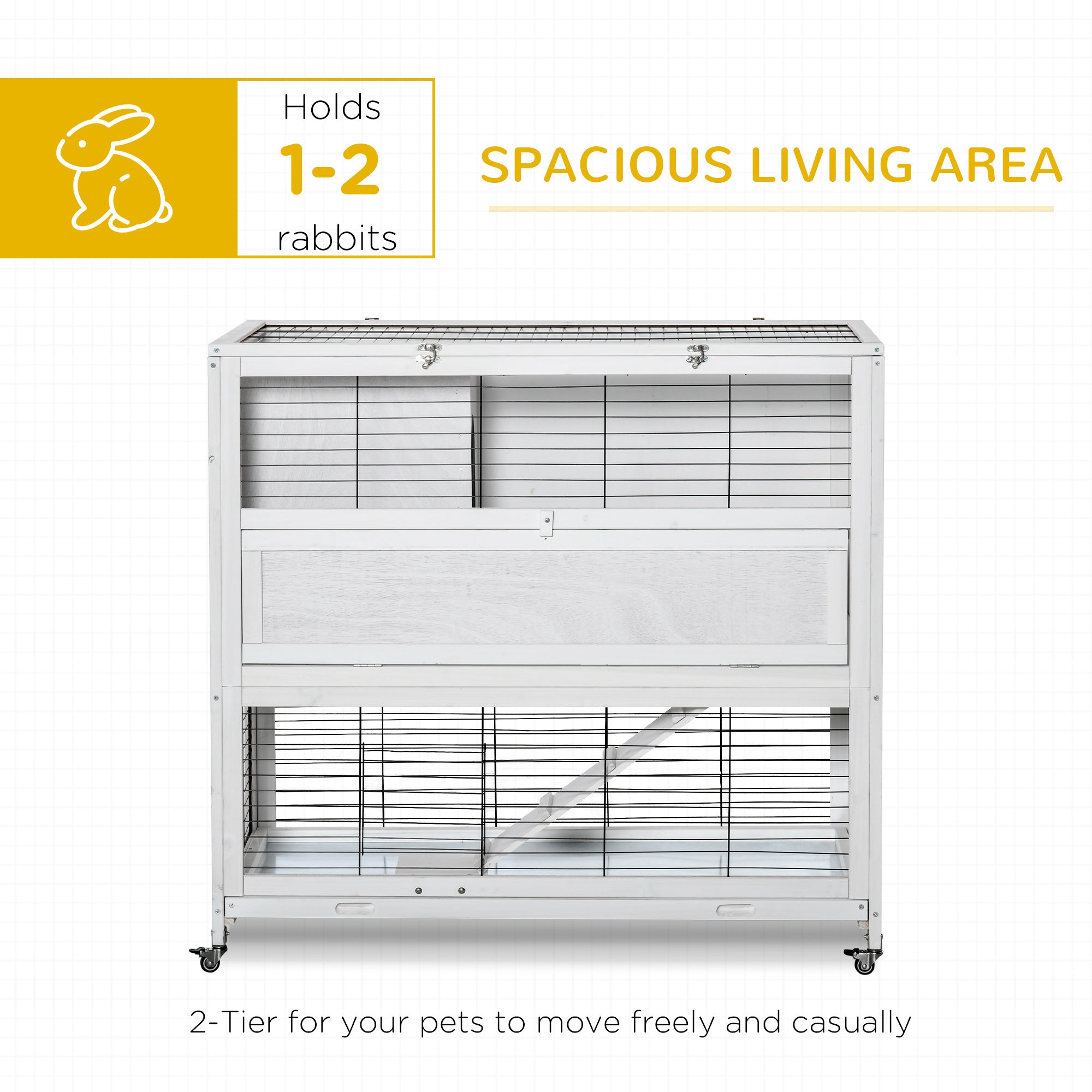 PawHut 42.5" Wooden Rabbit Hutch Indoor with Wheels, Bunny Cage with Openable Roof, Hut, Slide-out Tray, Ramp, White