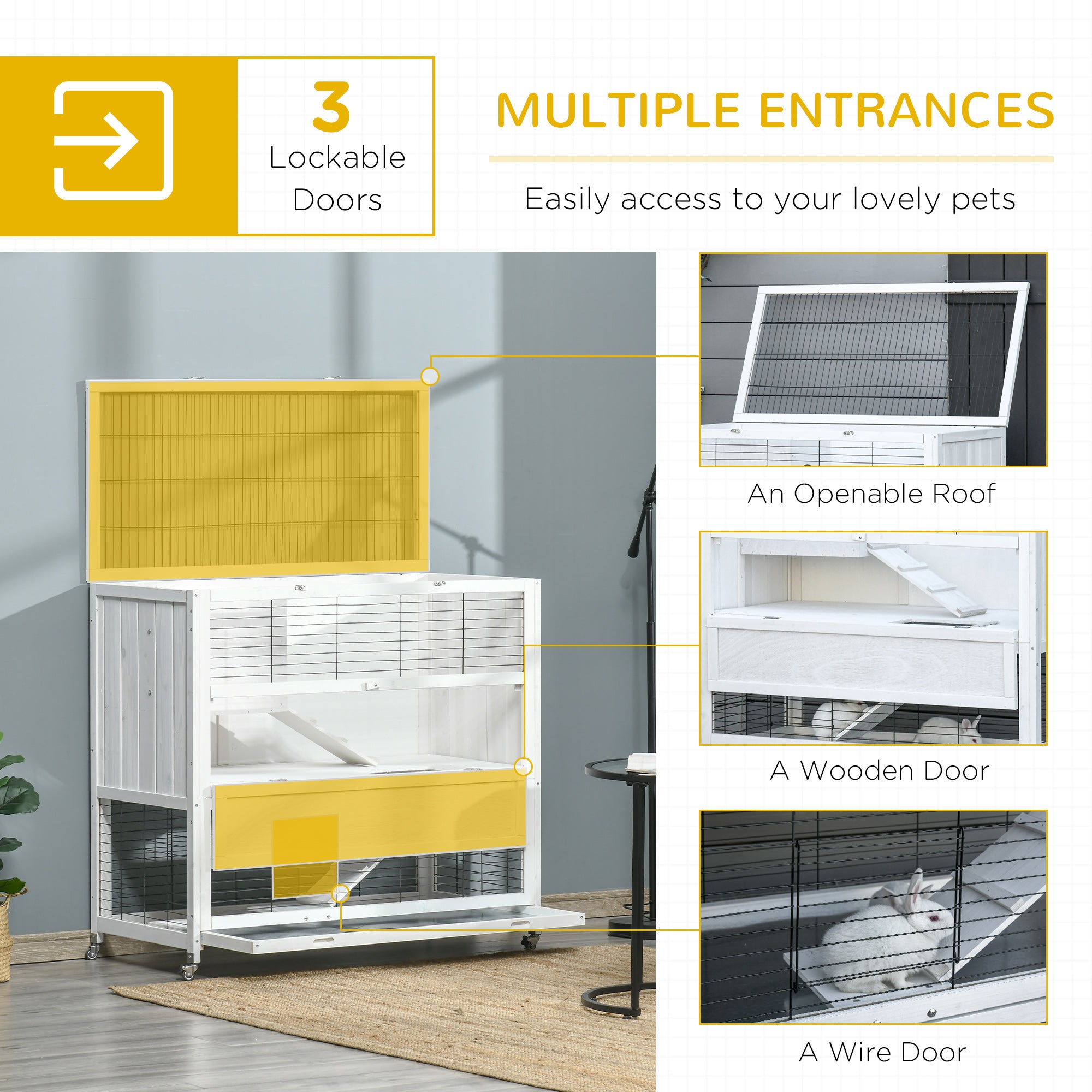 PawHut 42.5" Wooden Rabbit Hutch Indoor with Wheels, Bunny Cage with Openable Roof, Hut, Slide-out Tray, Ramp, White