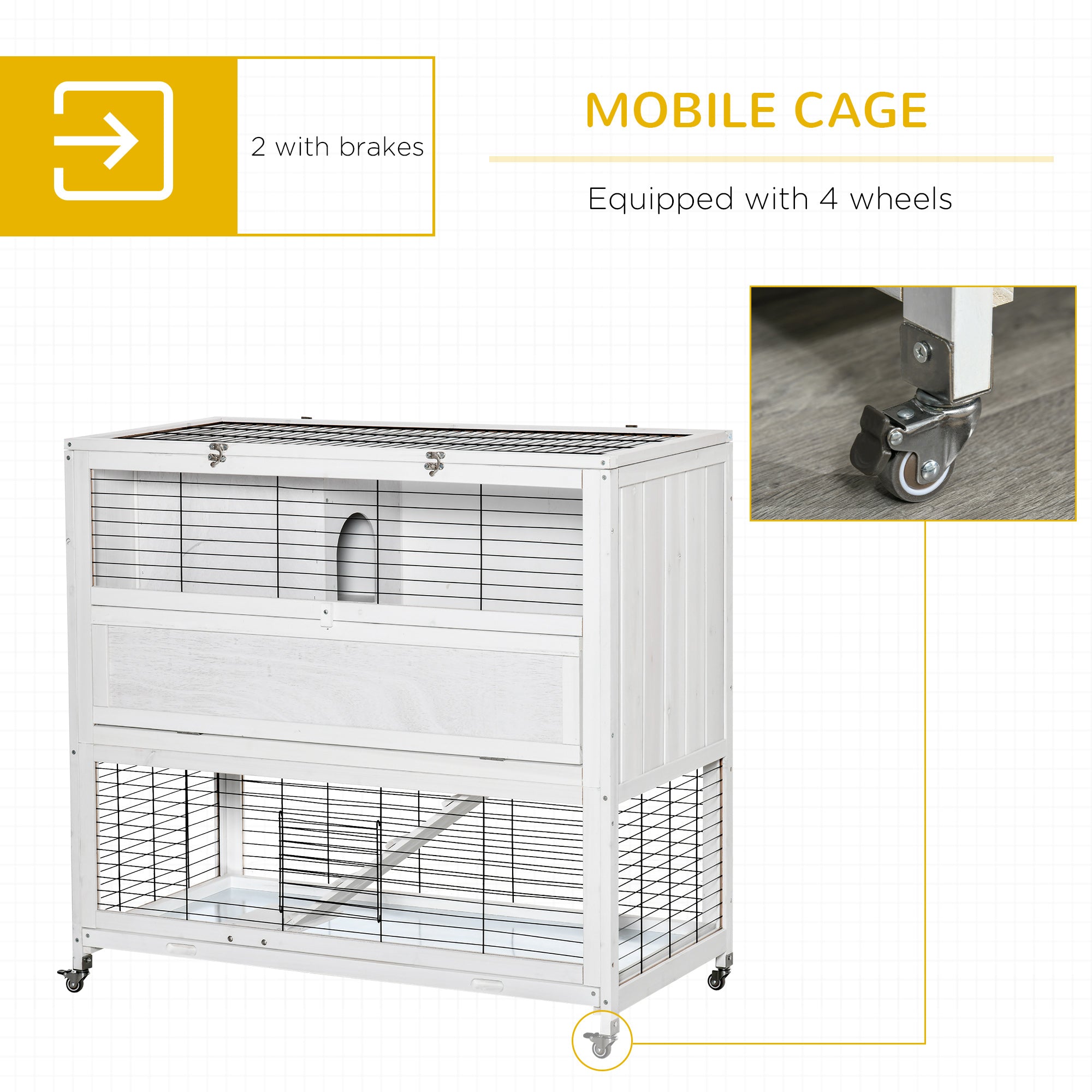 PawHut 42.5" Wooden Rabbit Hutch Indoor with Wheels, Bunny Cage with Openable Roof, Hut, Slide-out Tray, Ramp, White