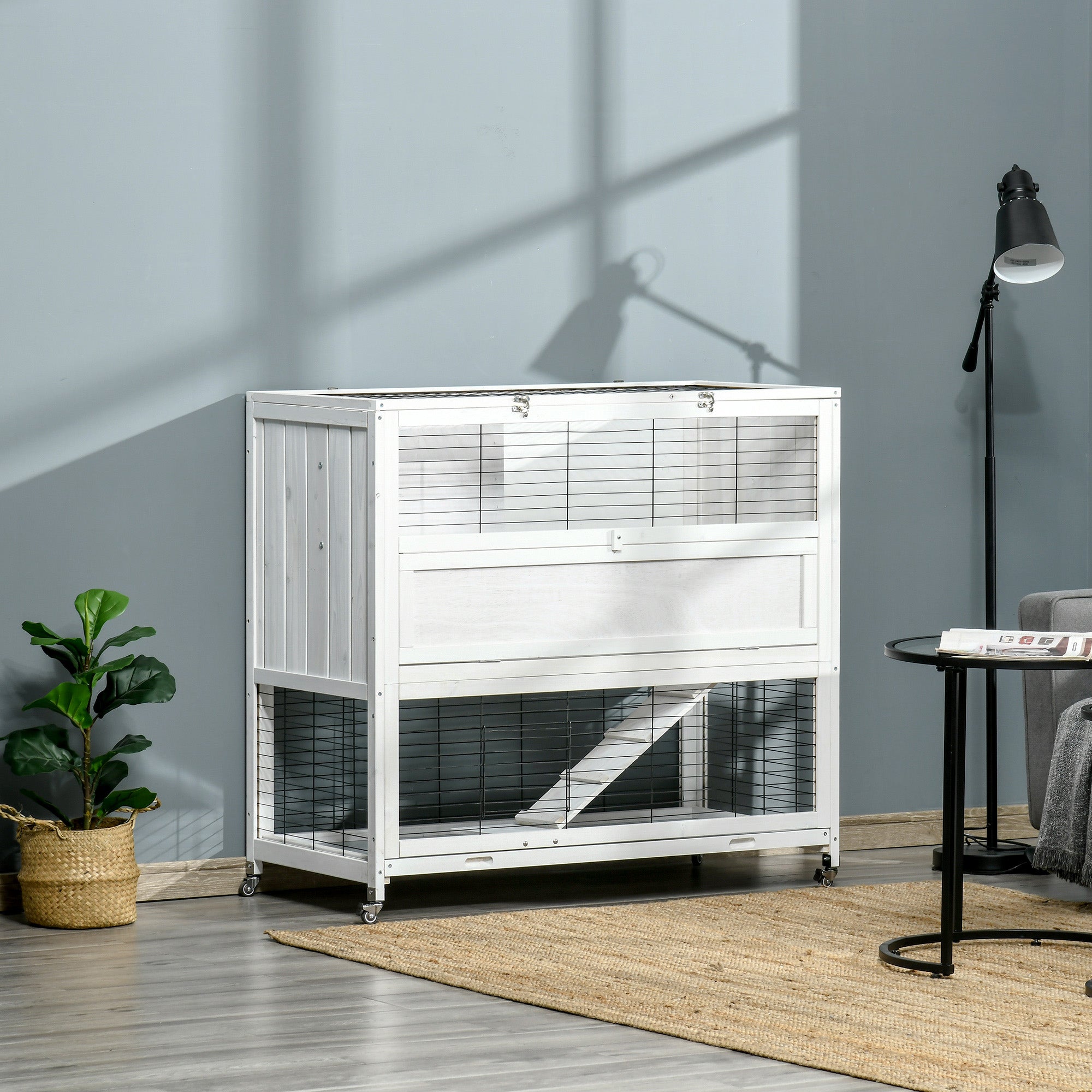 PawHut 42.5" Wooden Rabbit Hutch Indoor with Wheels, Bunny Cage with Openable Roof, Hut, Slide-out Tray, Ramp, White