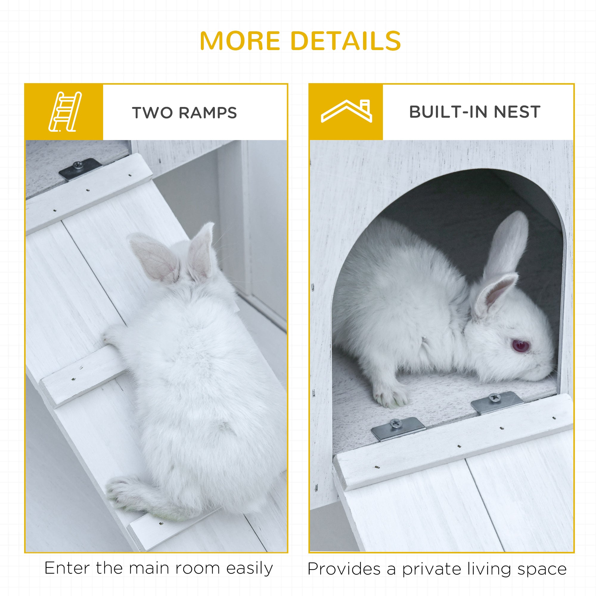 PawHut 42.5" Wooden Rabbit Hutch Indoor with Wheels, Bunny Cage with Openable Roof, Hut, Slide-out Tray, Ramp, White