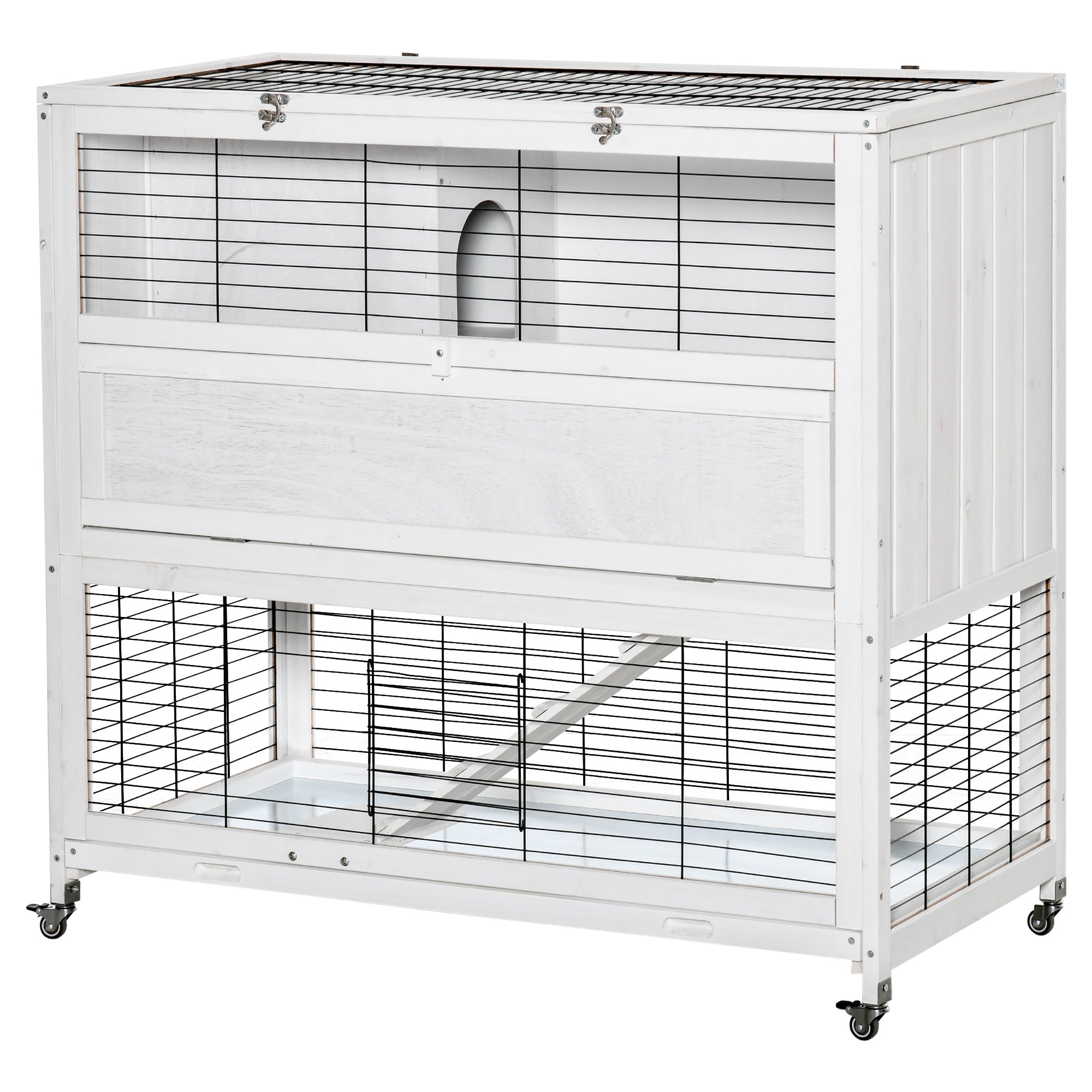 PawHut 42.5" Wooden Rabbit Hutch Indoor with Wheels, Bunny Cage with Openable Roof, Hut, Slide-out Tray, Ramp, White