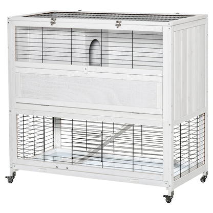 PawHut 42.5" Wooden Rabbit Hutch Indoor with Wheels, Bunny Cage with Openable Roof, Hut, Slide-out Tray, Ramp, White