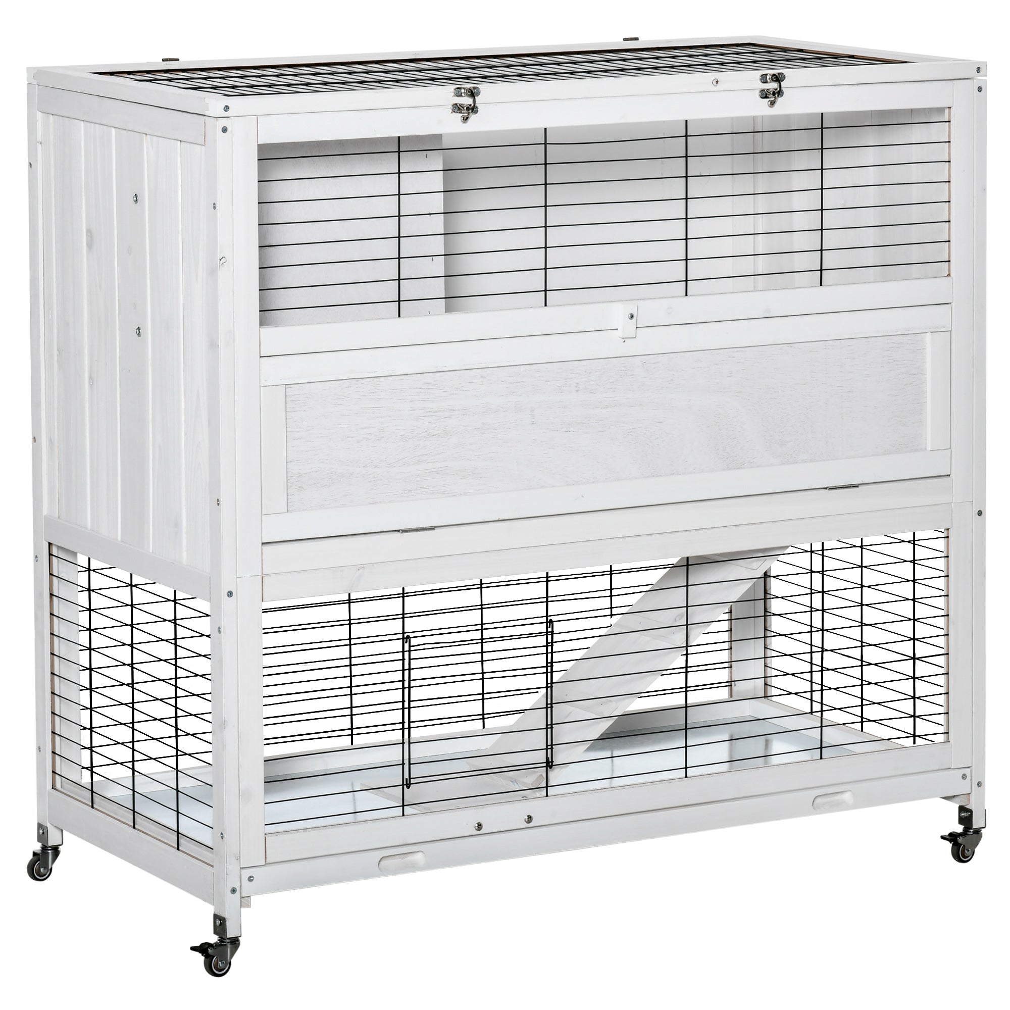 PawHut 42.5" Wooden Rabbit Hutch Indoor with Wheels, Bunny Cage with Openable Roof, Hut, Slide-out Tray, Ramp, White