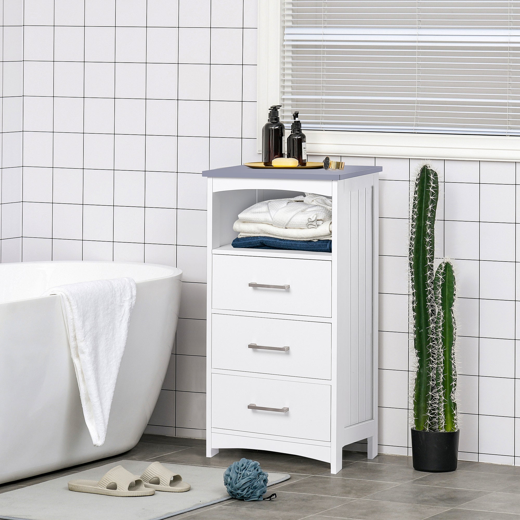 kleankin Small Bathroom Storage Cabinet, Floor Cabinet with 3 Drawers and Open Component, Narrow Bathroom Cabinet, White