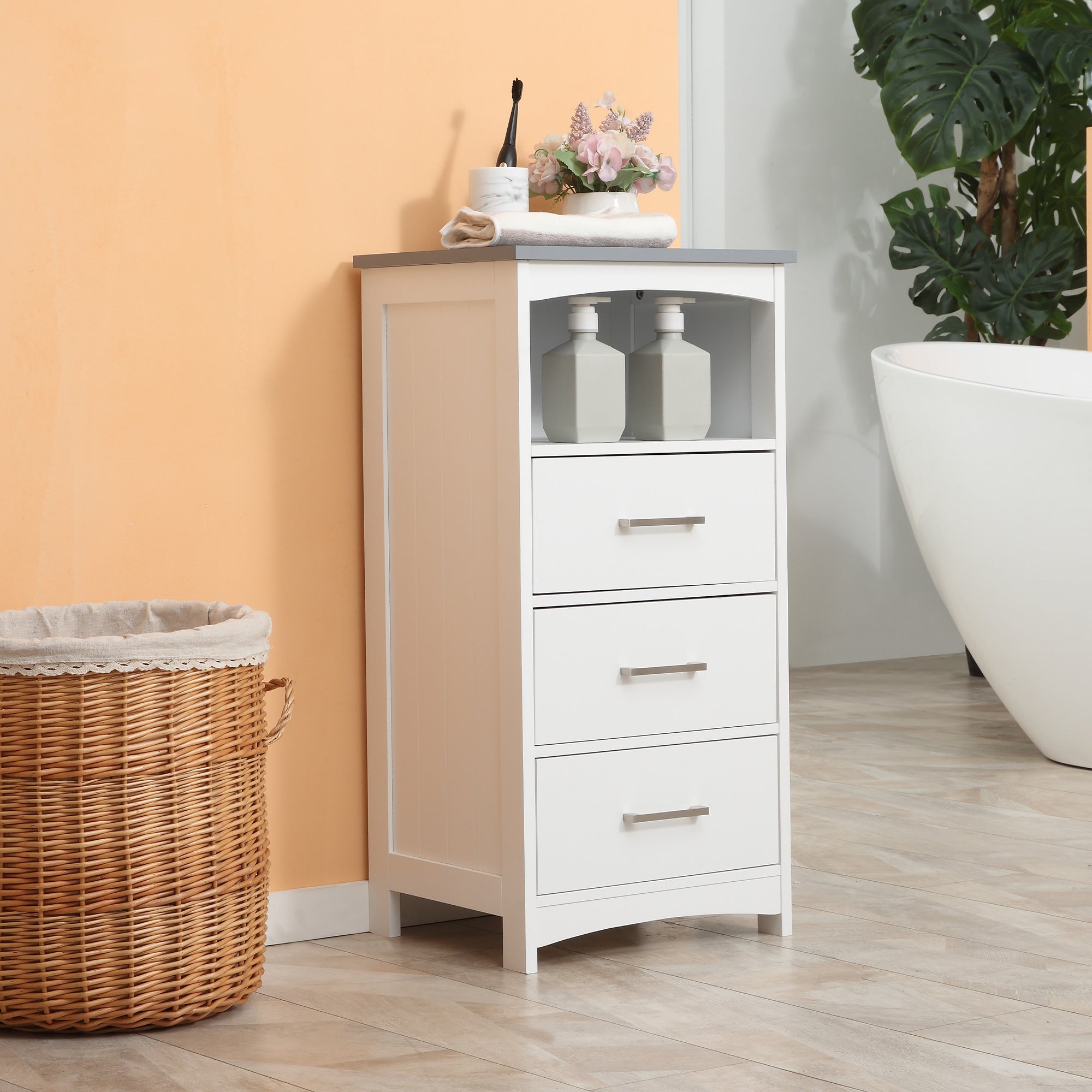 kleankin Small Bathroom Storage Cabinet, Floor Cabinet with 3 Drawers and Open Component, Narrow Bathroom Cabinet, White