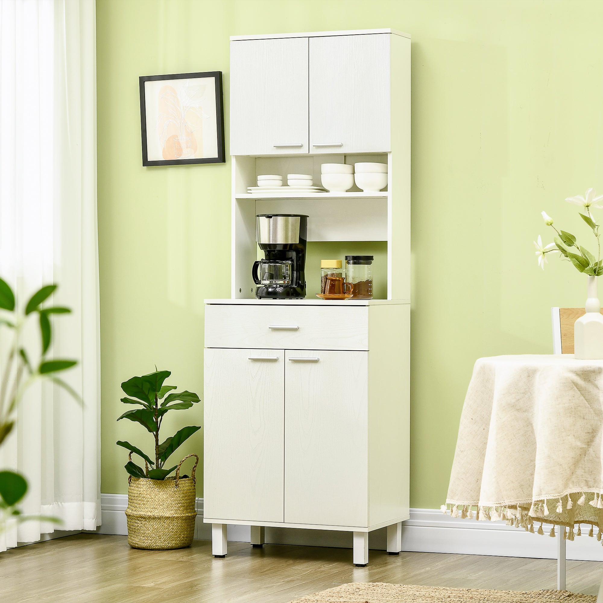 HOMCOM 71"H Freestanding Kitchen Pantry, Buffet with Hutch, Microwave Stand with Storage Cabinet, White