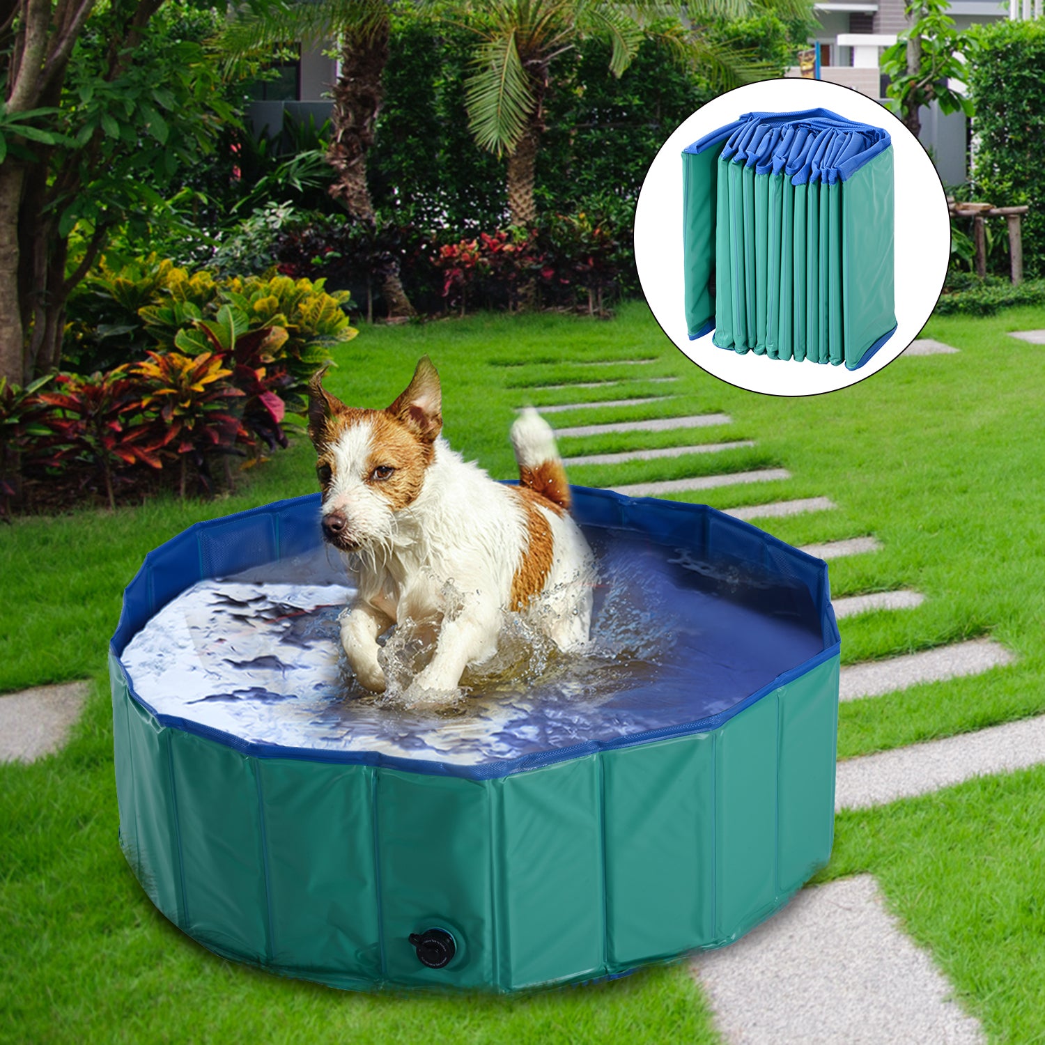 PawHut 12" x 40" All-Purpose Collapsible PVC Pet Swimming Pool / Dog Bathing Tub - Green / Blue
