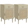 HOMCOM Tall Nightstands Set of 2, Boho Bedside Tables with Drawer, Cabinet, Adjustable Shelf, Rattan End Tables with Storage for Bedroom, Oak